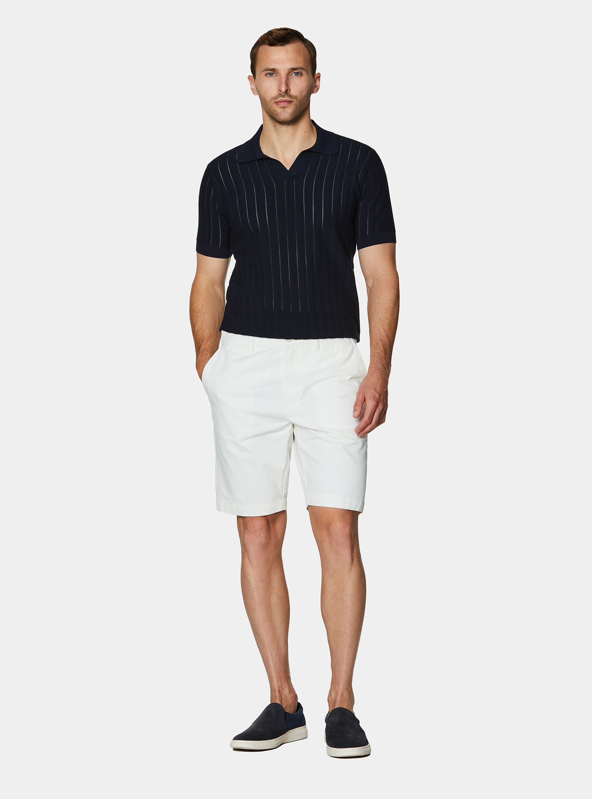 Polo traforata in cotone spigato, BLU NAVY