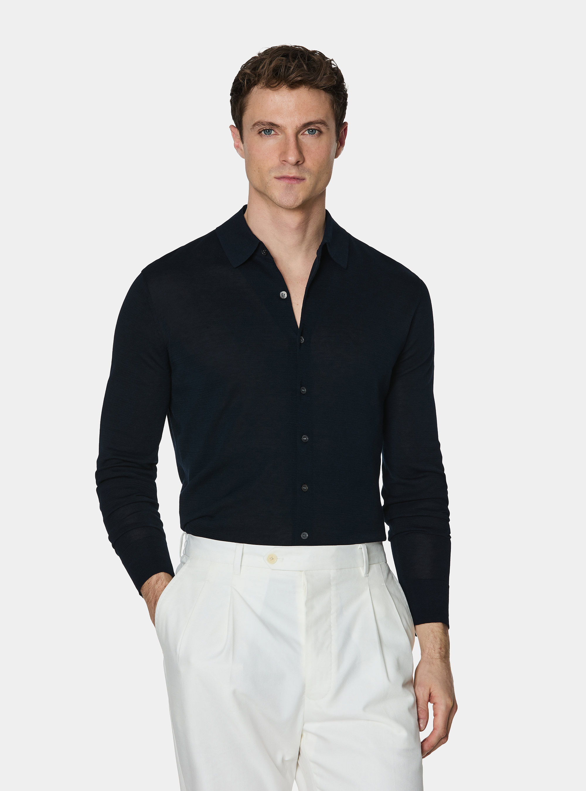 Polo camicia in cotone e seta, BLU NAVY