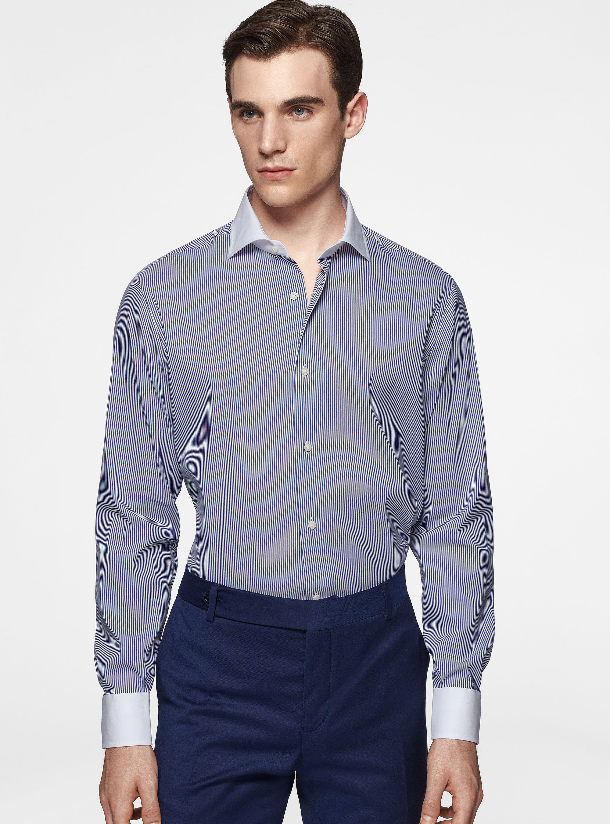 Stretch poplin striped shirt with contrast, NAVY BLUE