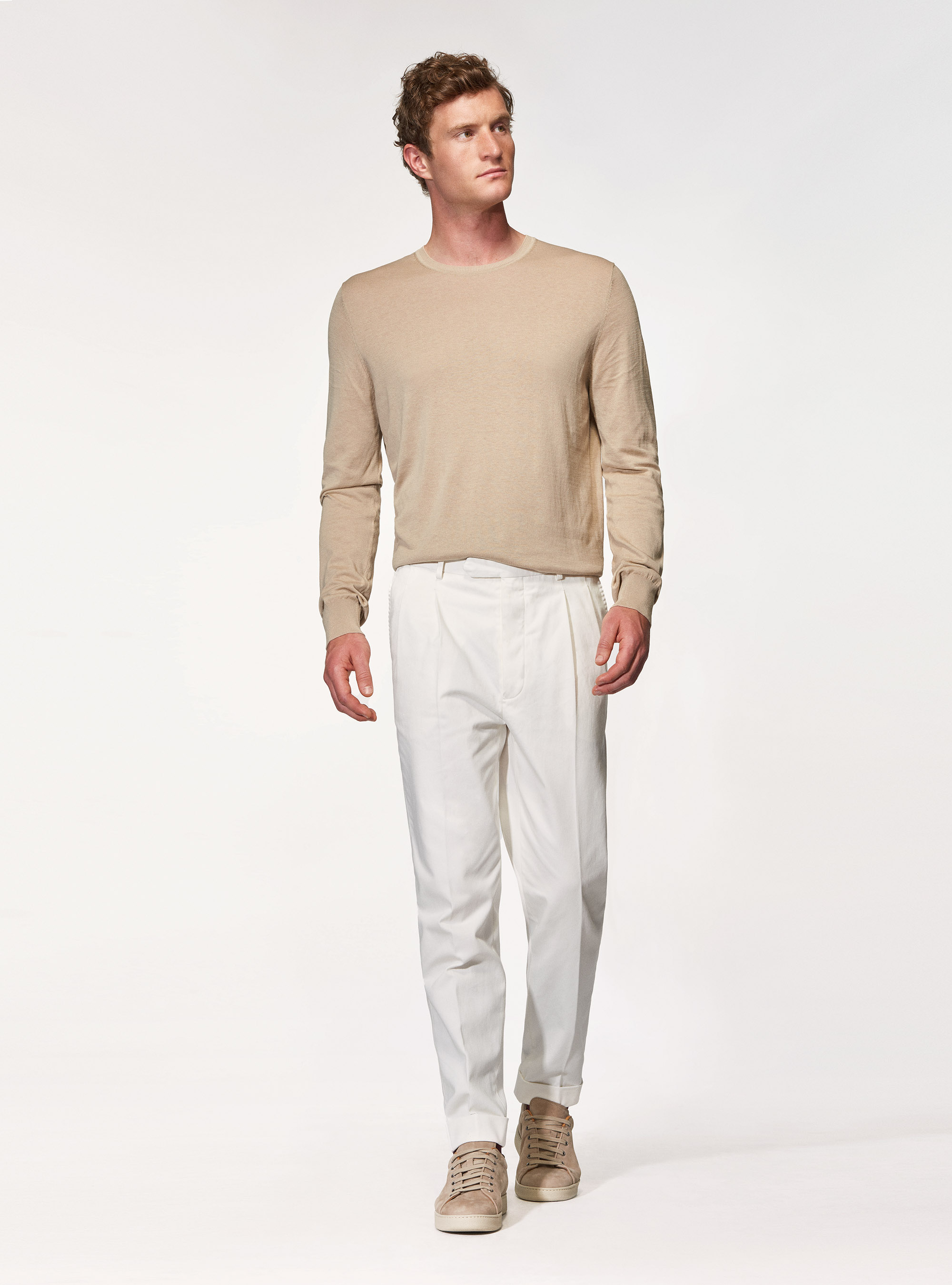 Pantaloni doppia pince in gabardina di cotone tinto capo, BIANCO