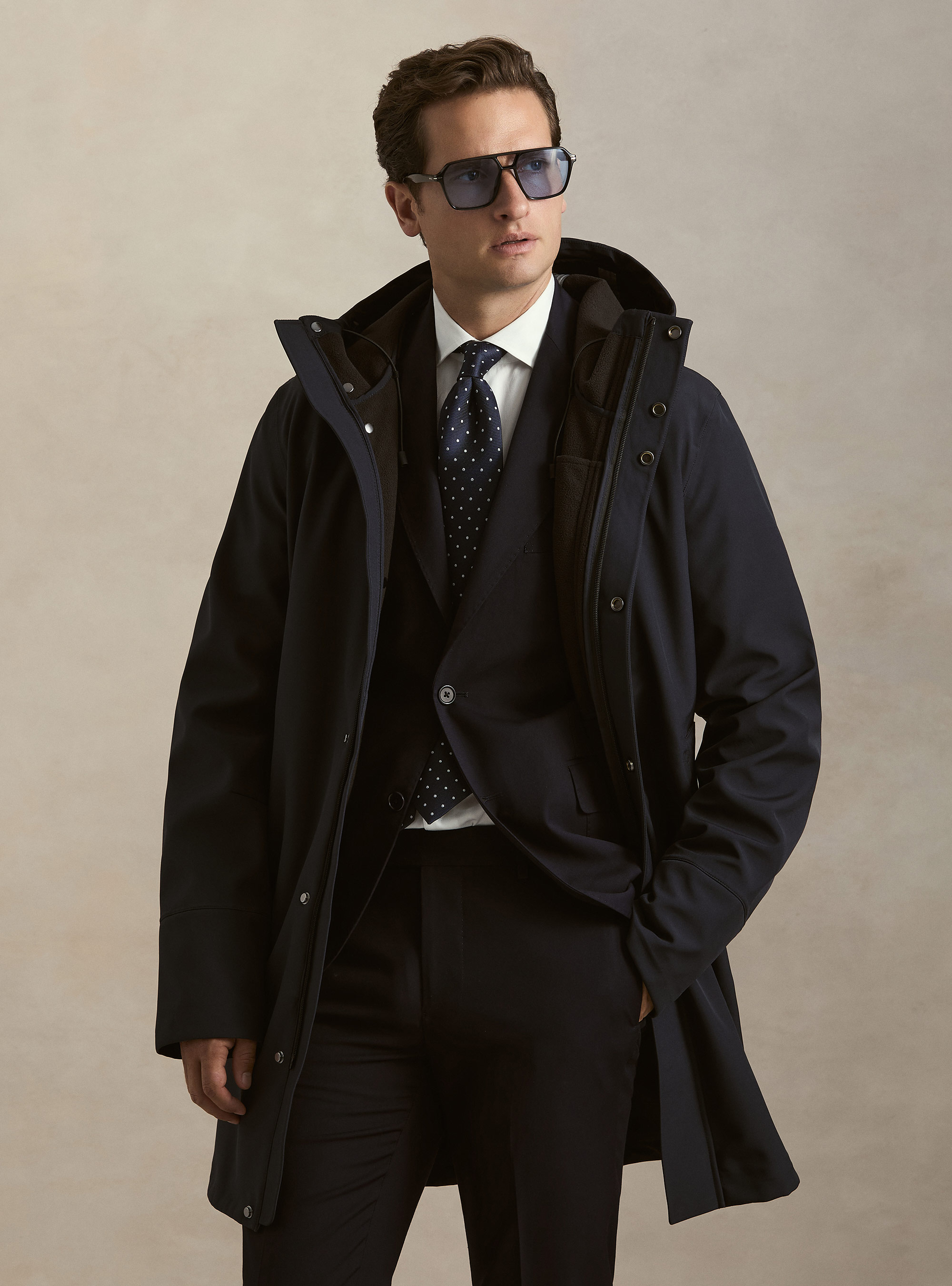 Giubbino lungo tecnico con cappuccio, BLU NAVY