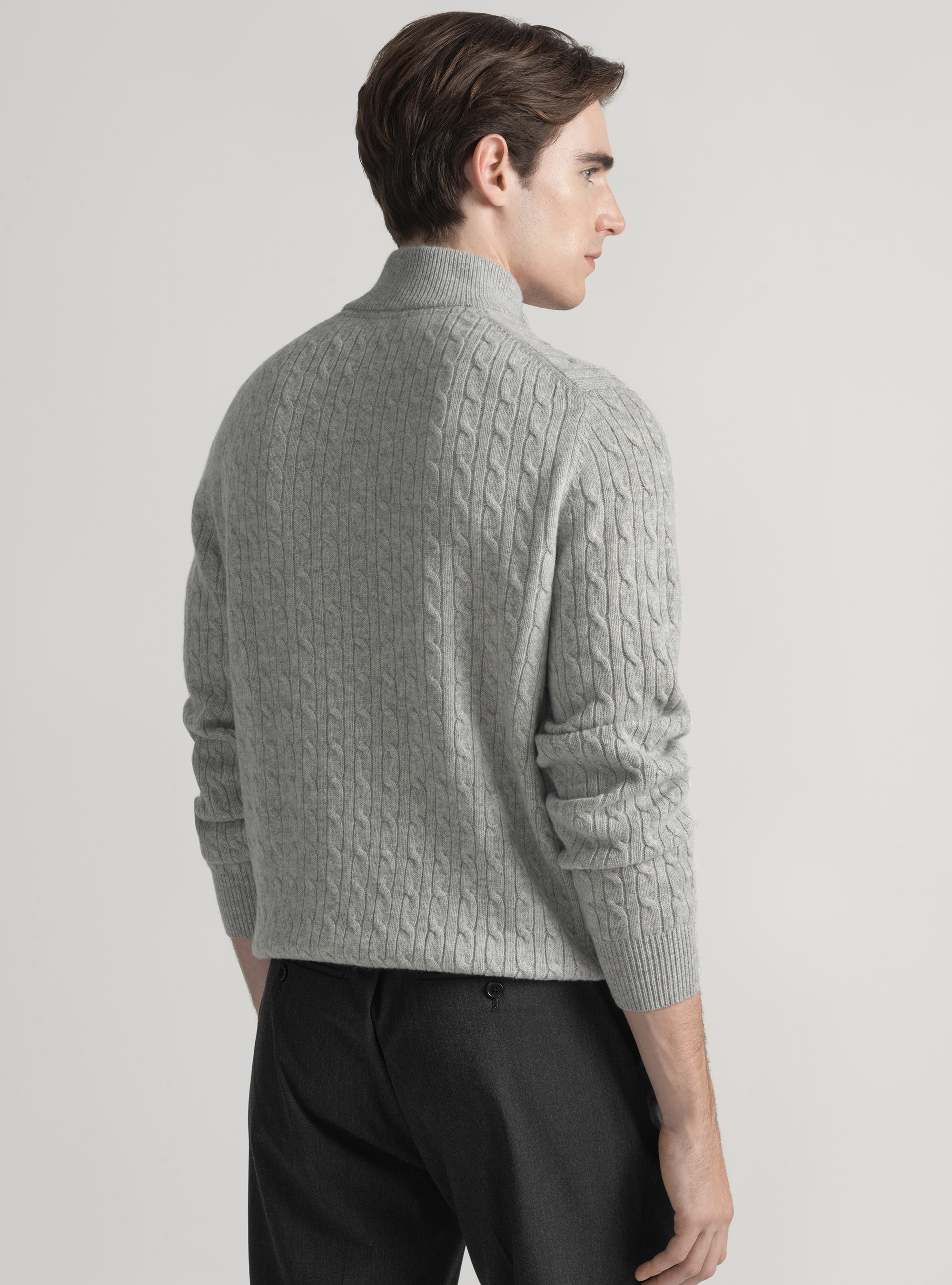 Sweater with mock neck and cashmere wool braid, LIGHT GREY MELANGE