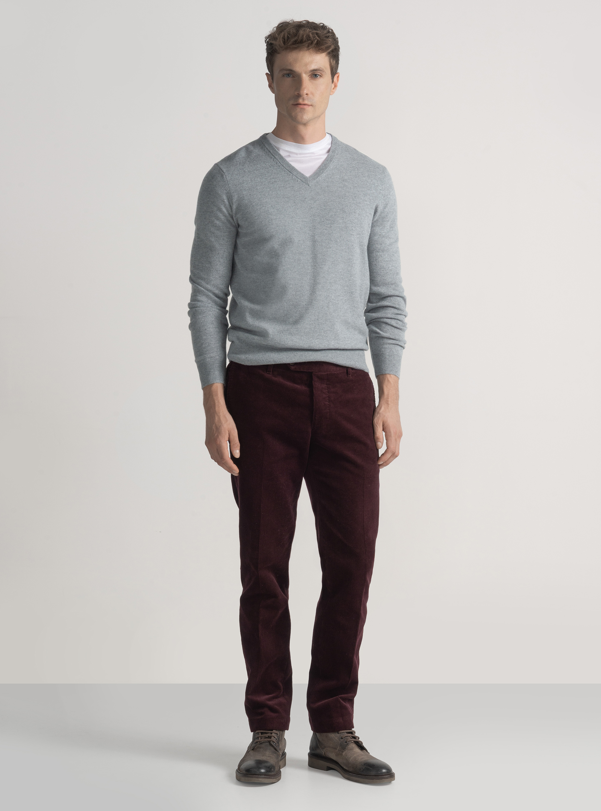 Maglia scollo a V in lana merino, GRIGIO MELANGE 0151C