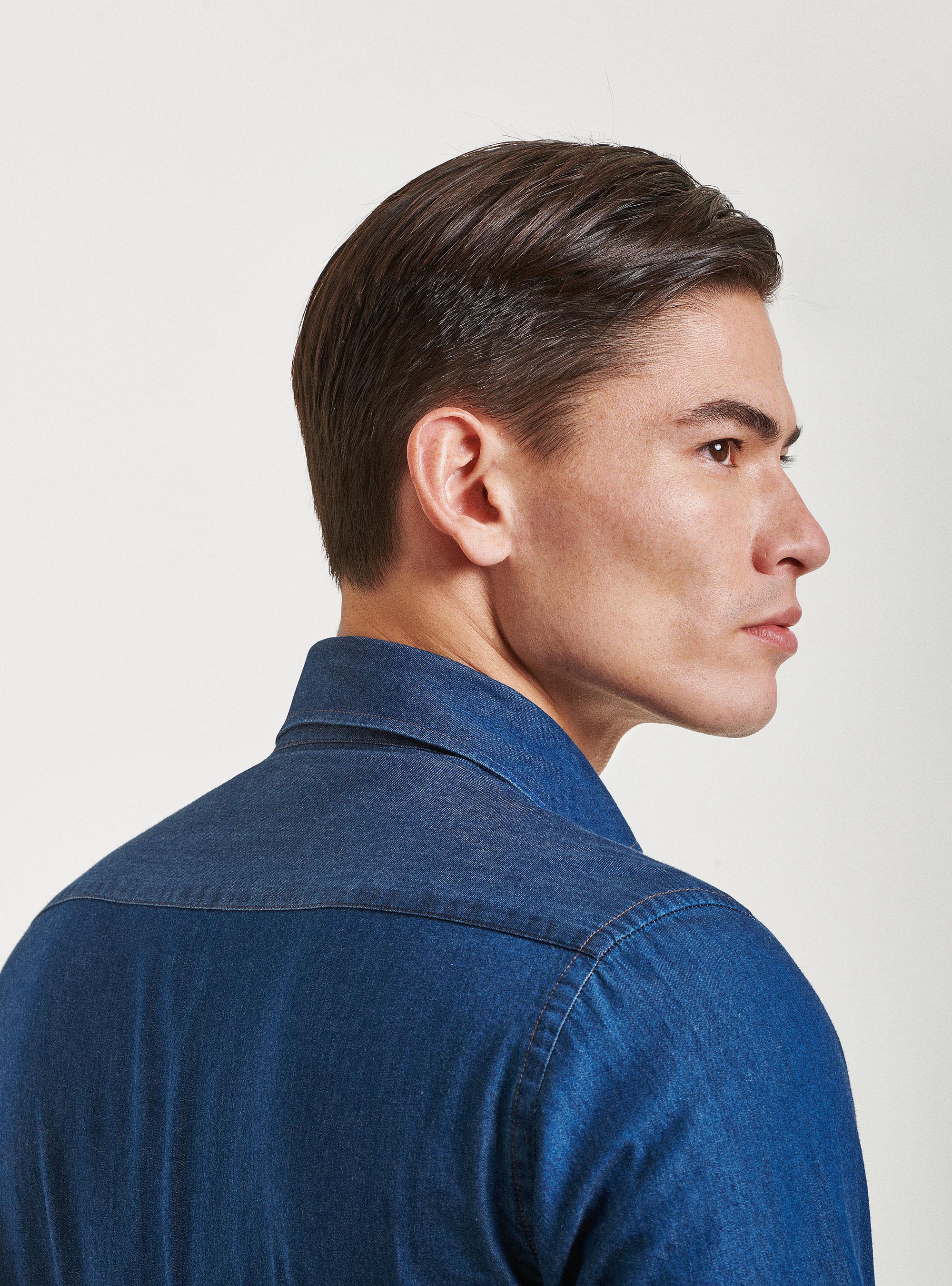 Camicia denim in cotone chambray, BLU NAVY