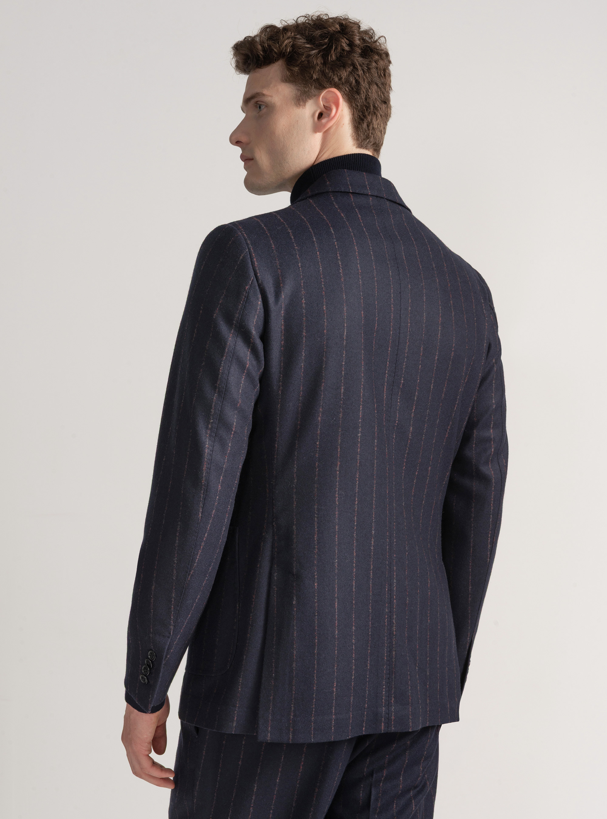 Americana de traje de raya diplomática de lana de cachemira, AZUL MARINO