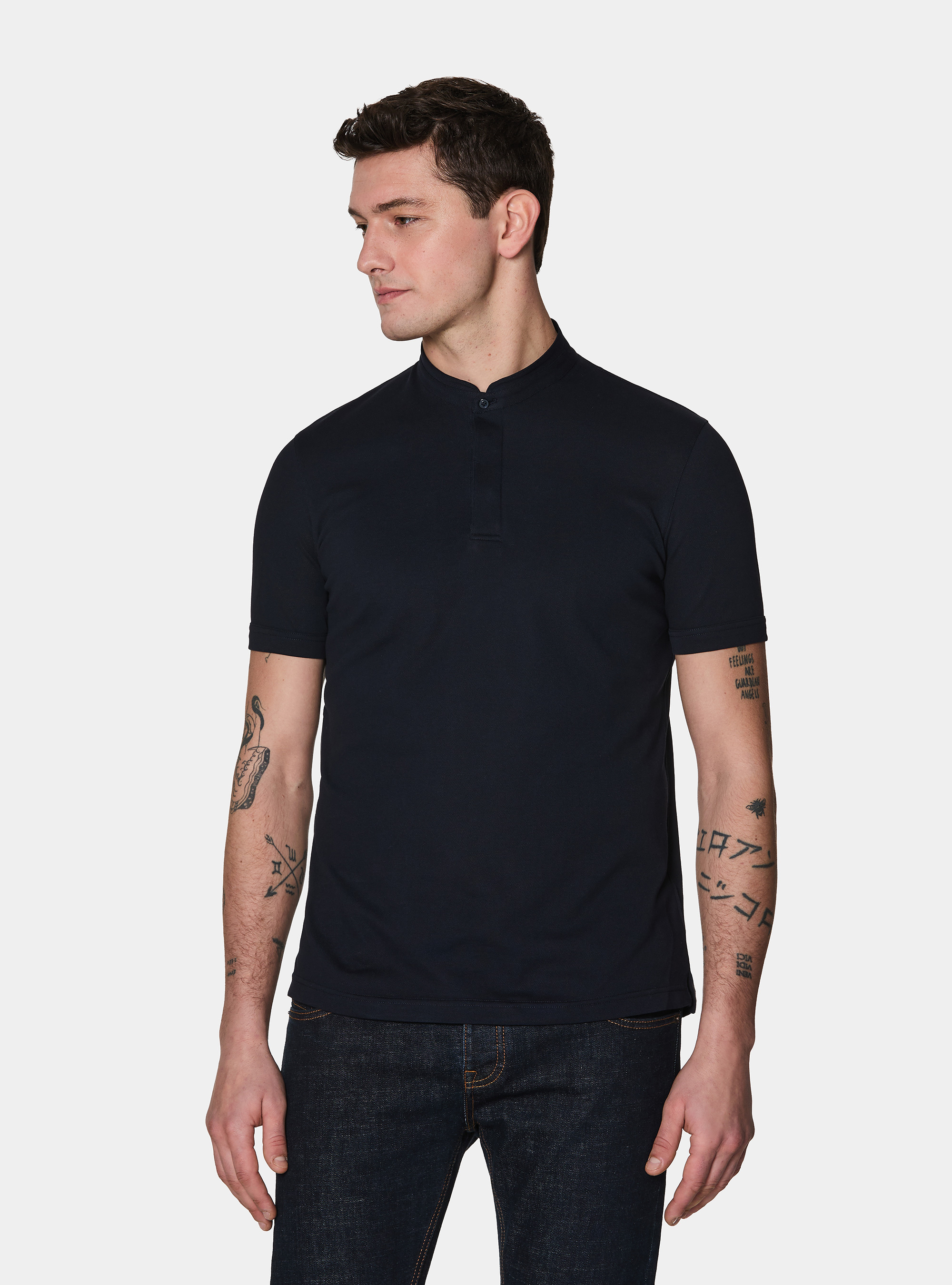 Polo collo coreano in misto cotone stretch, BLU NAVY