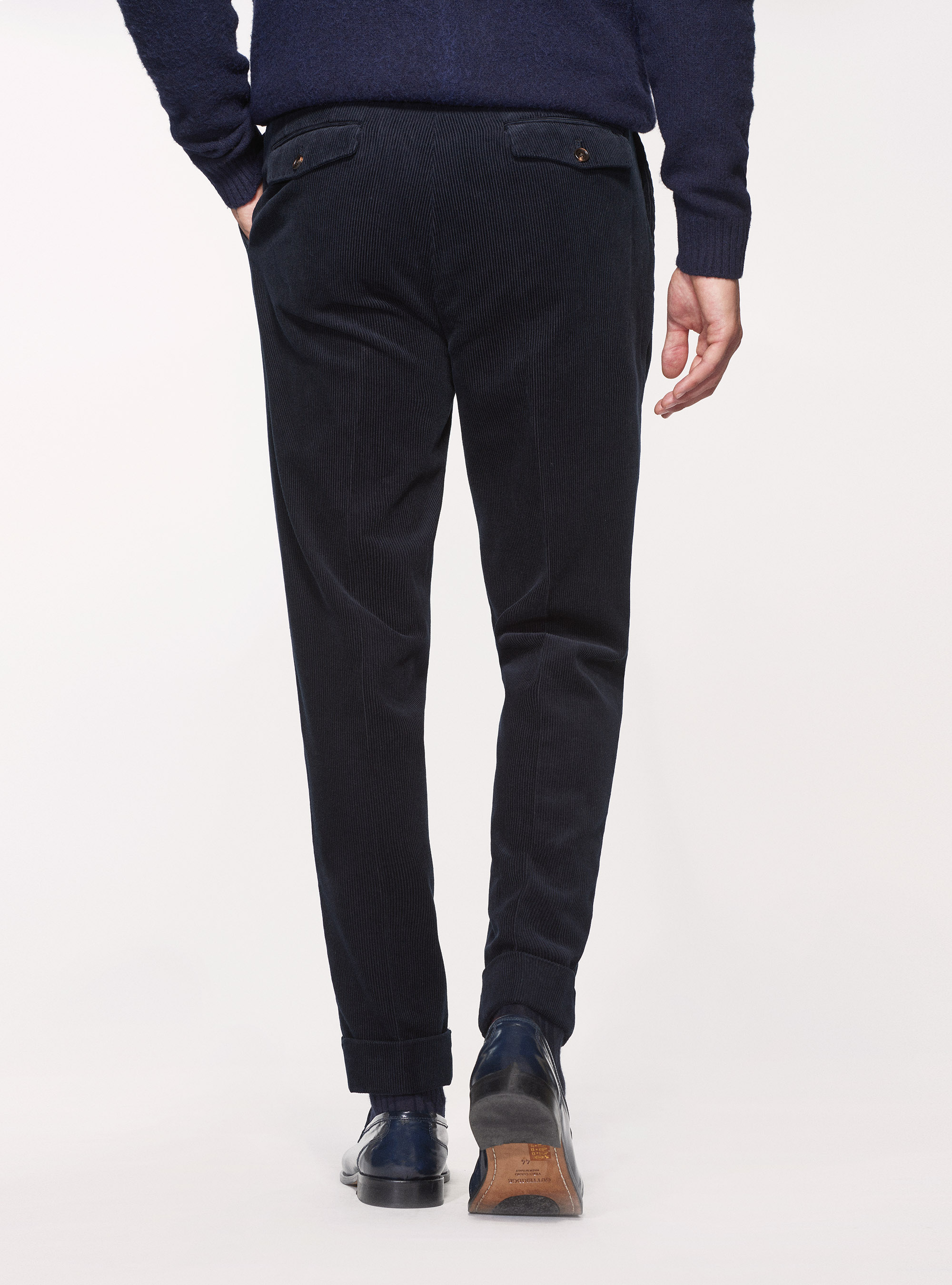Pantaloni in velluto di cotone con cinturino laterale, BLU NAVY