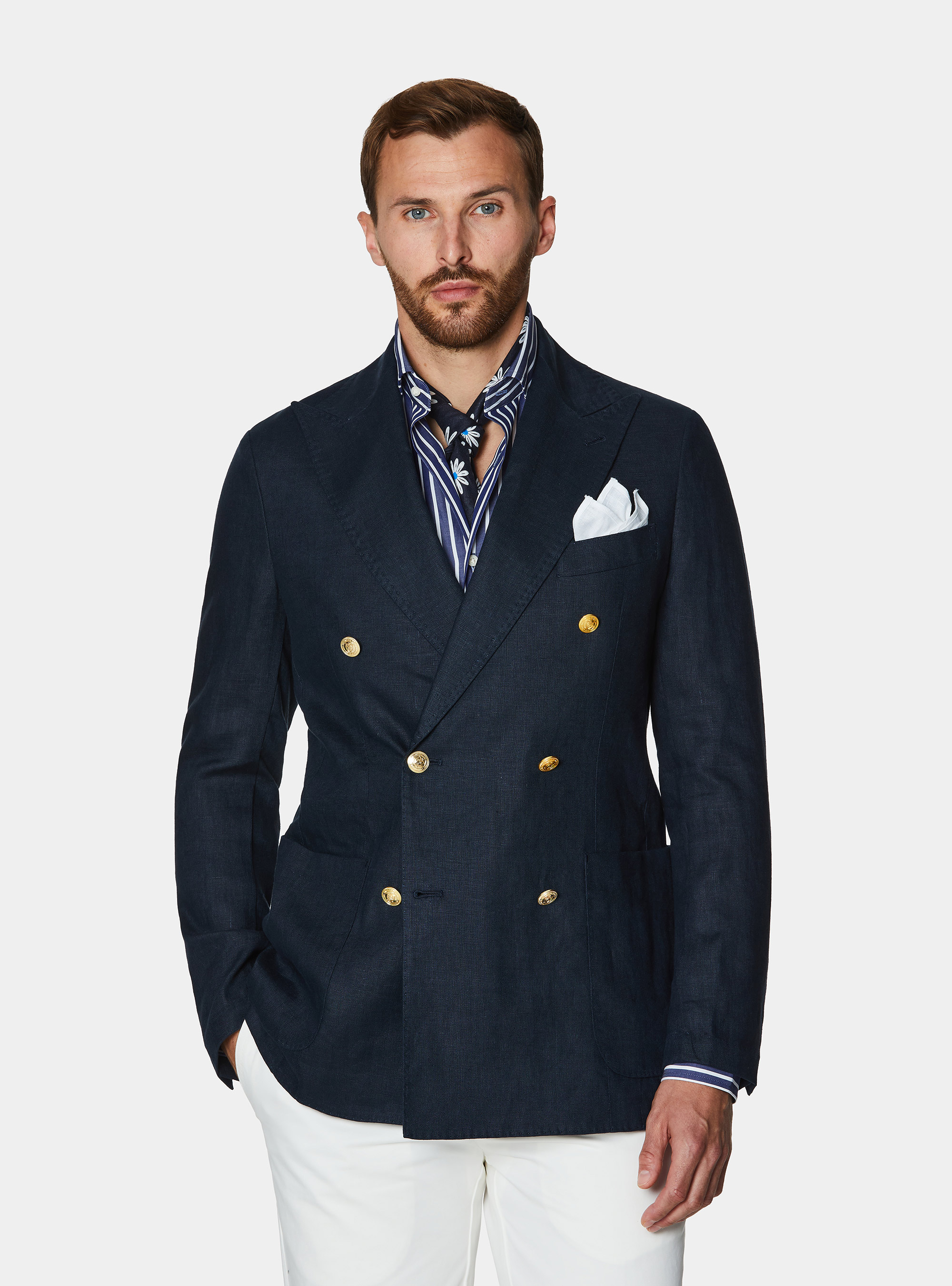 Double-breasted linen blazer with metal button, NAVY BLUE