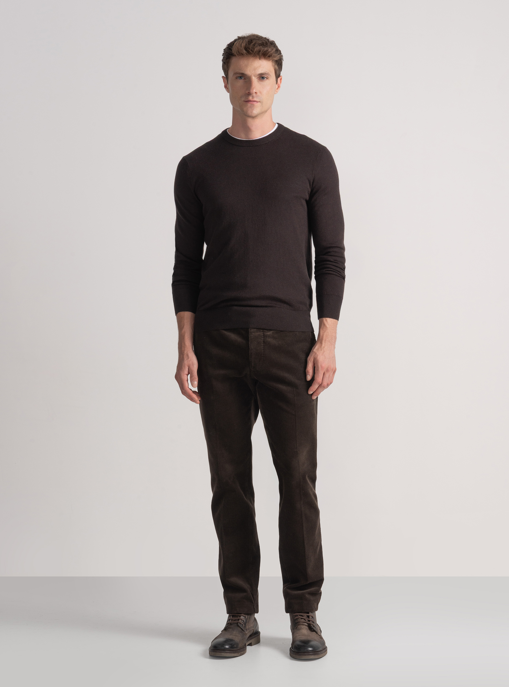 Maglia girocollo in cotone seta e cashmere, MARRONE