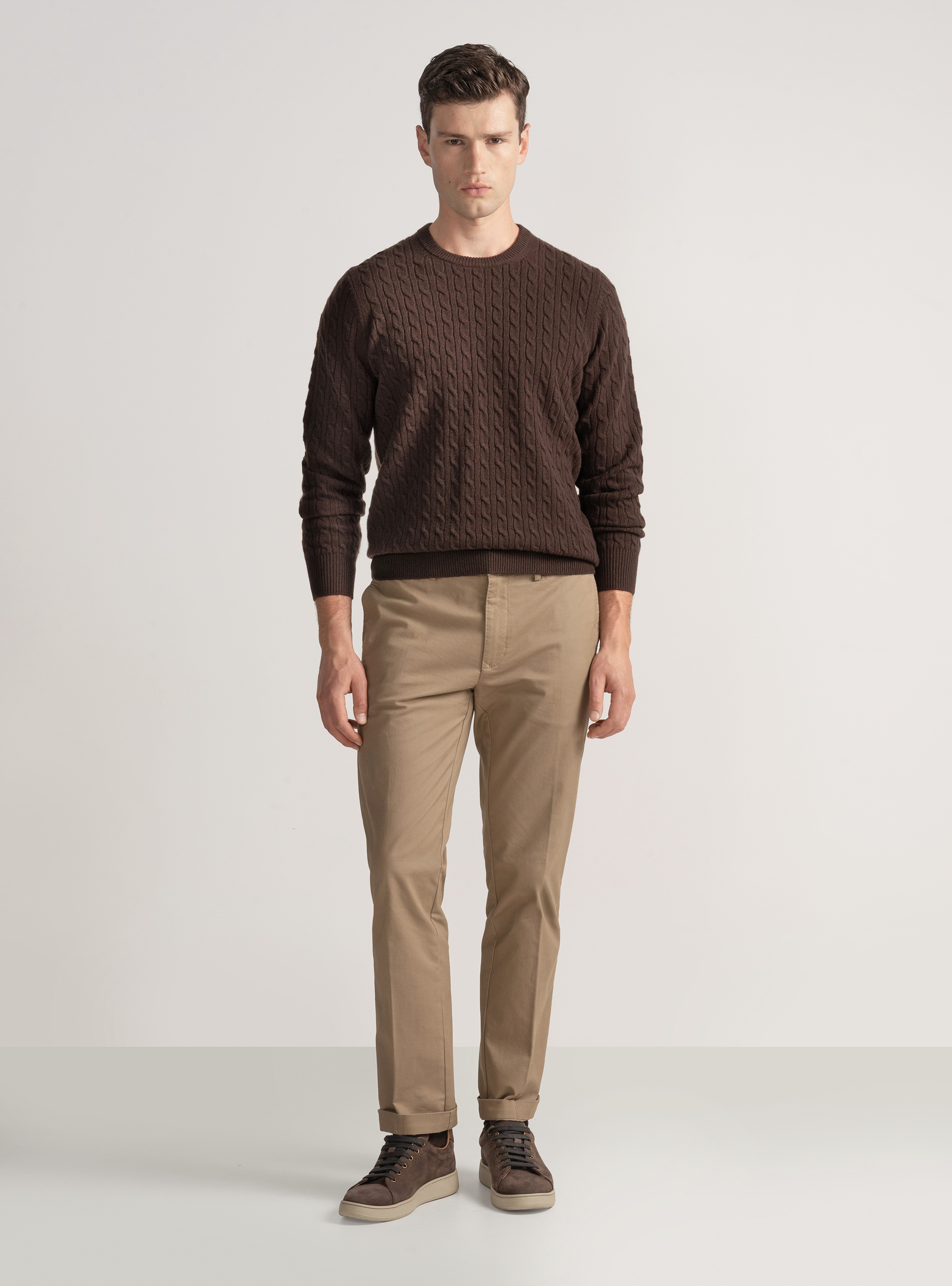 Crew-neck sweater with wool and cashmere braid, BROWN
