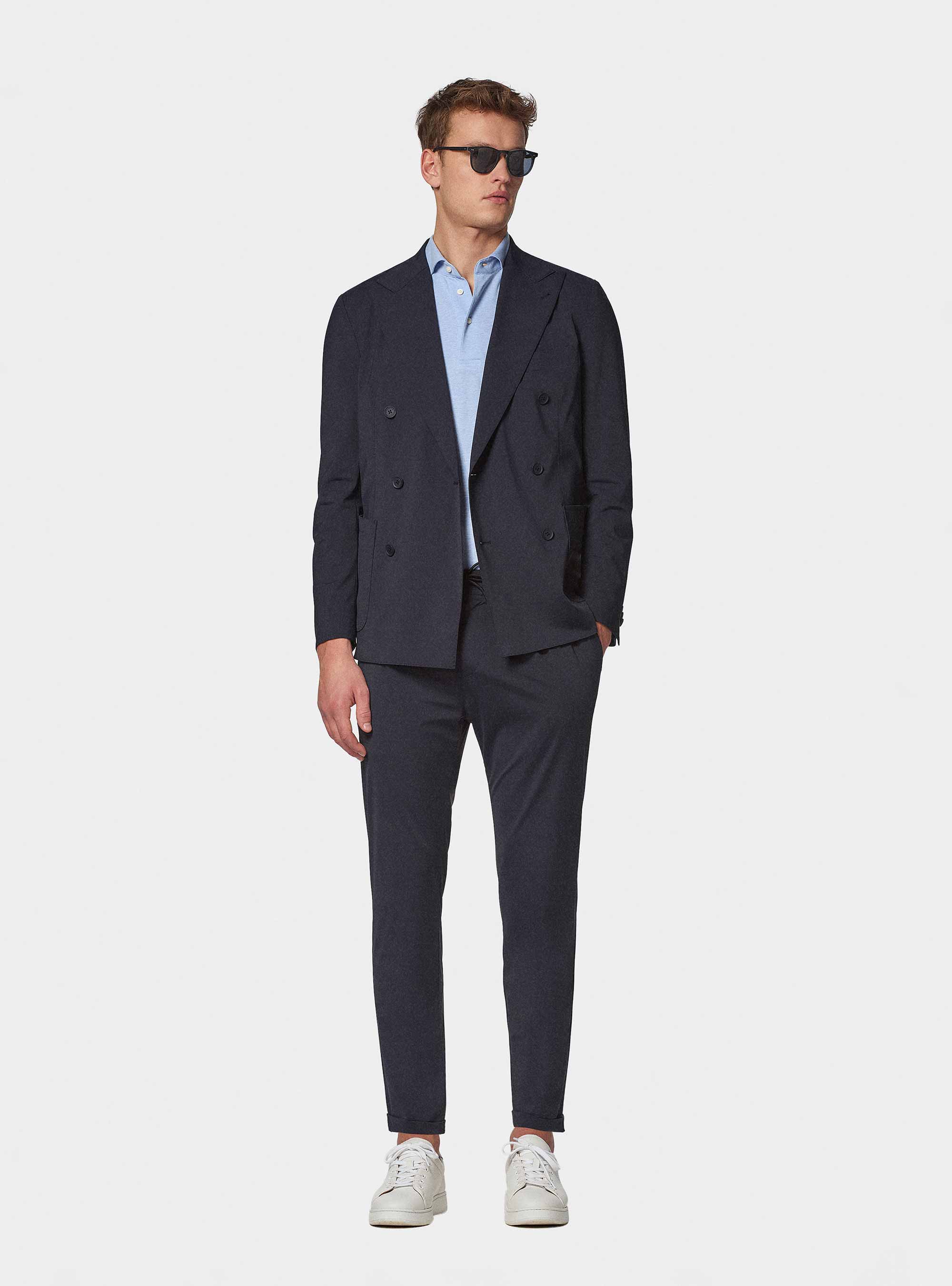 GT01 double-breasted blazer in stretch jersey, NAVY BLUE