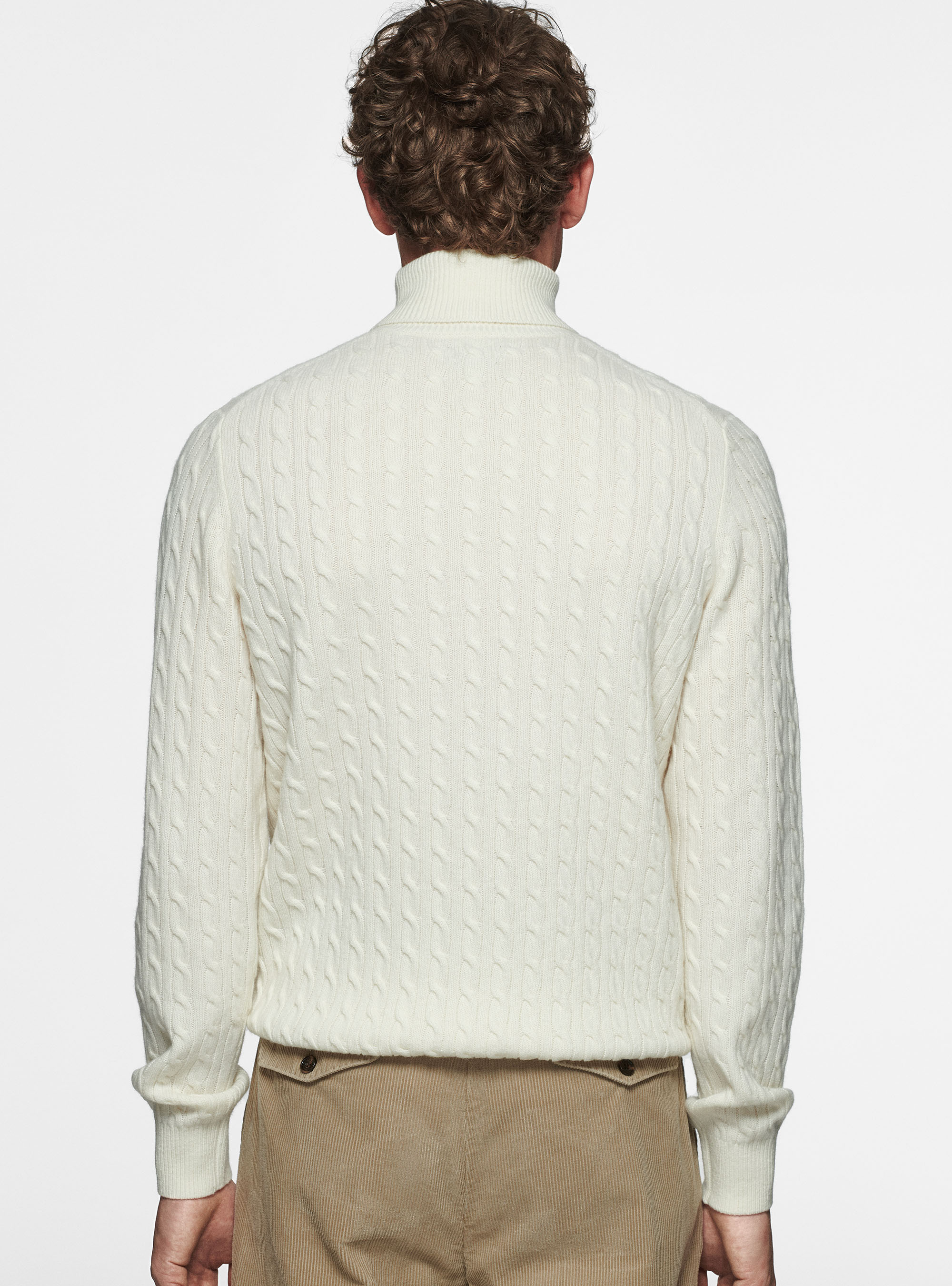 Maglia collo alto in lana cashmere con treccia, BIANCO