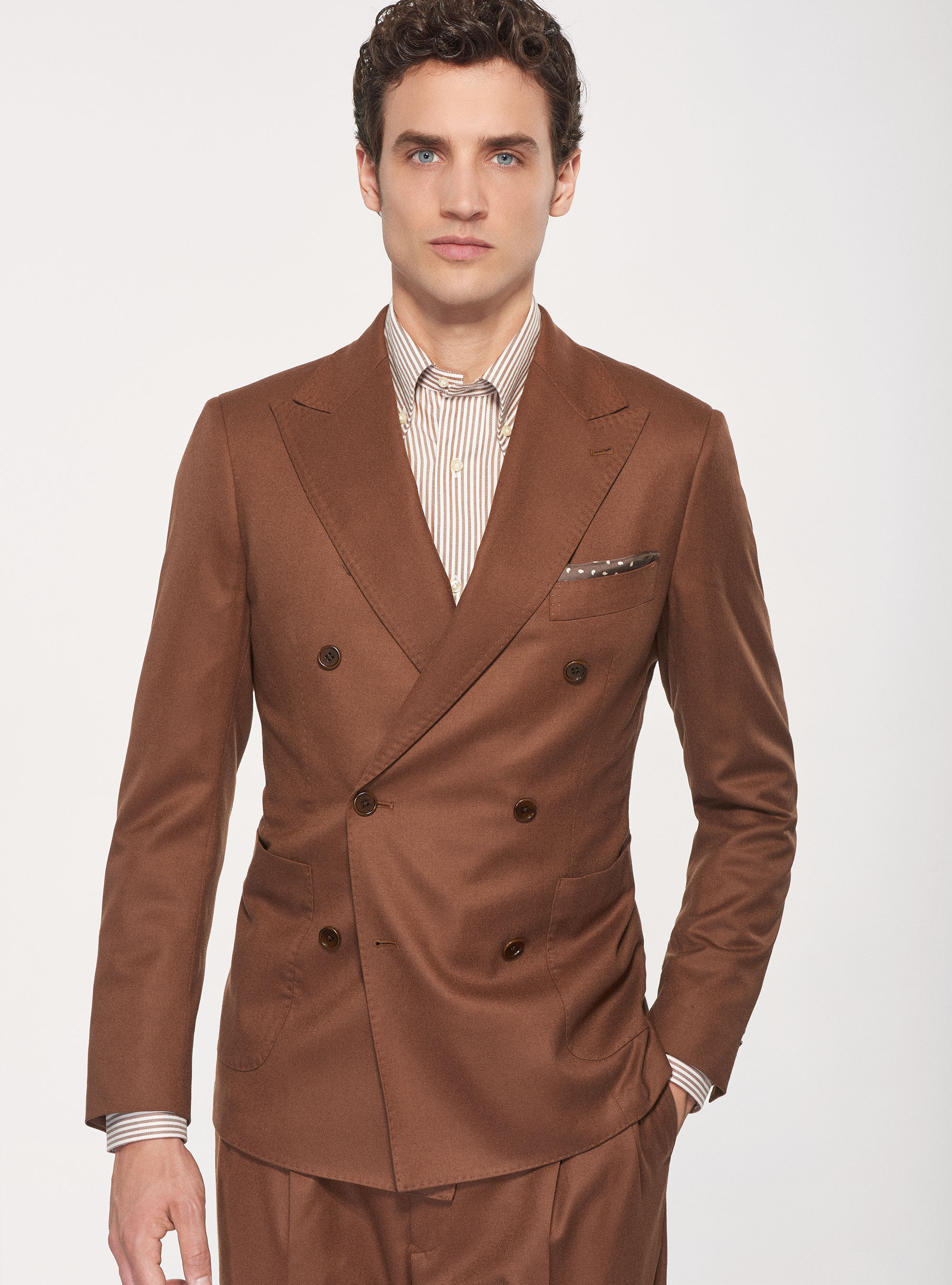 Giacca doppiopetto in flanella di lana, TABACCO