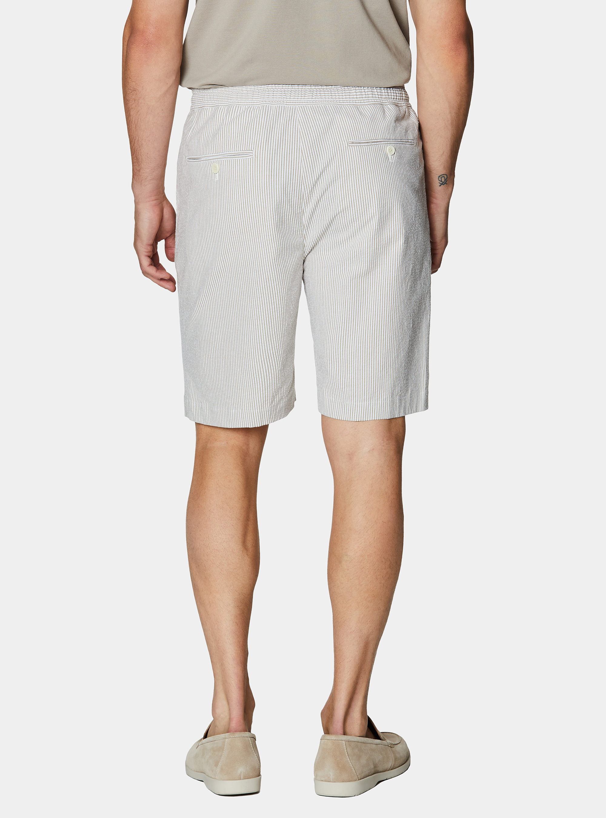 Stretch seersucker cotton Bermuda shorts with drawstring, SAND