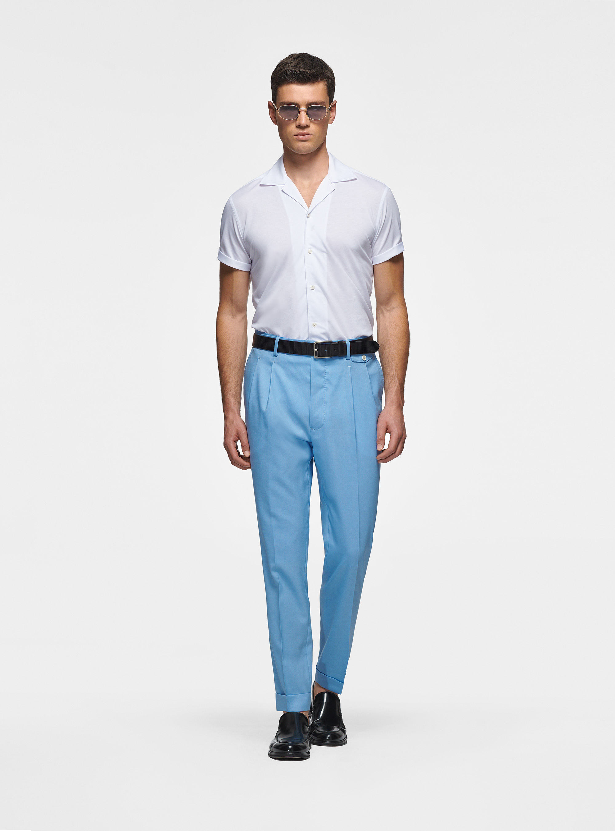 Pantaloni con pince in pura lana, AZZURRO