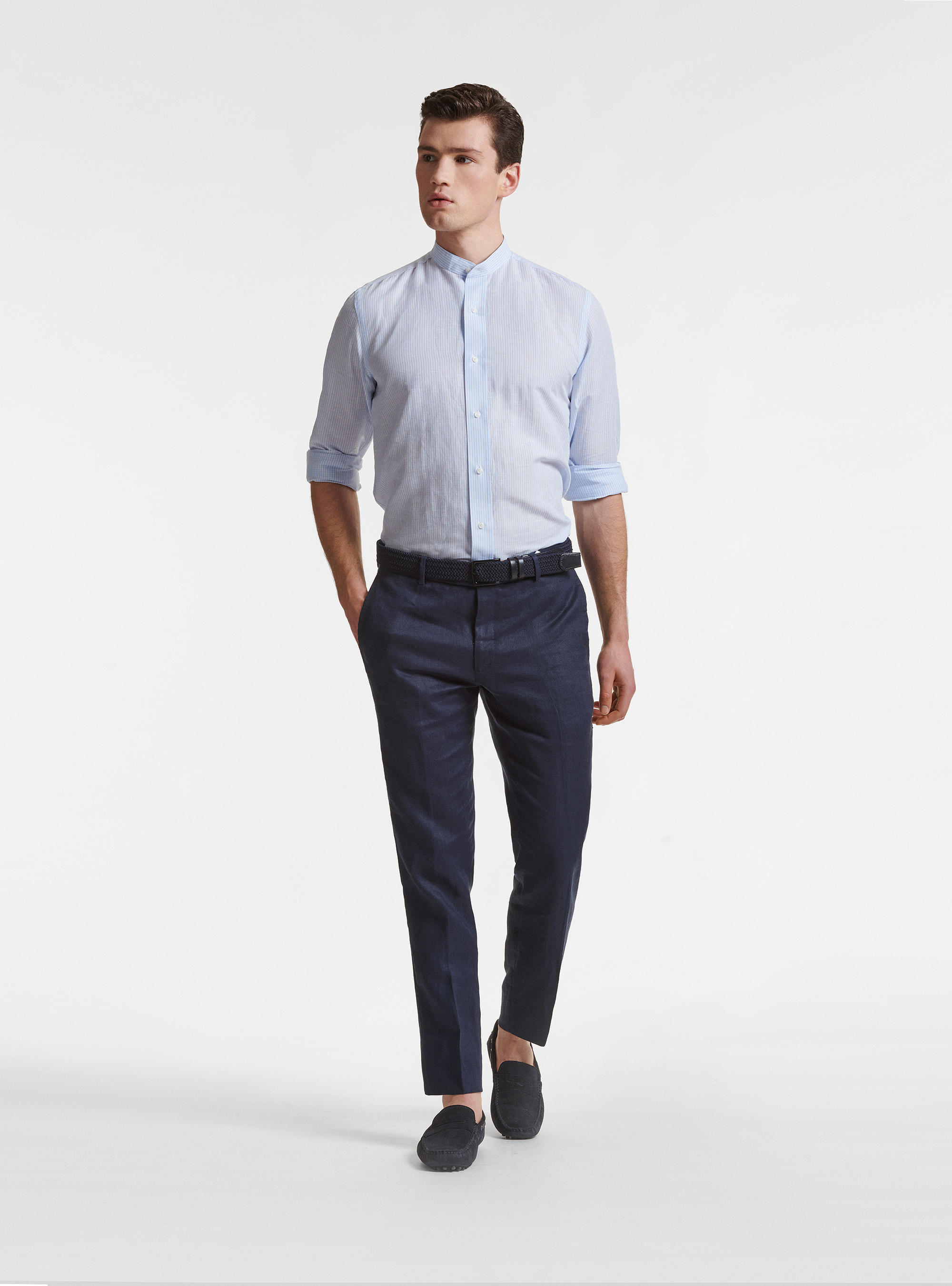 Camisa de cuello coreano en lino y algodón, CELESTE