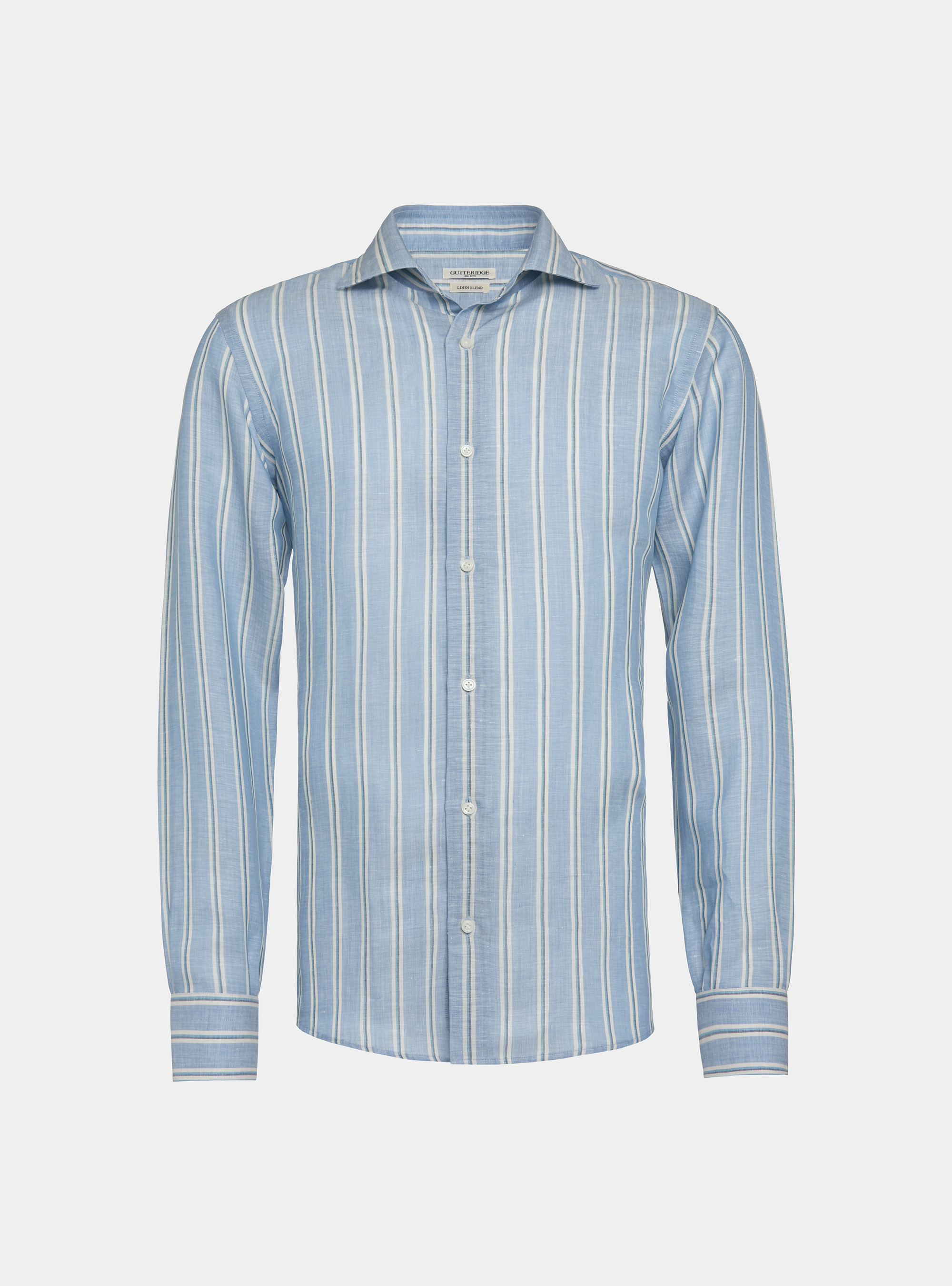 Camicia rigata in misto lino, AZZURRO