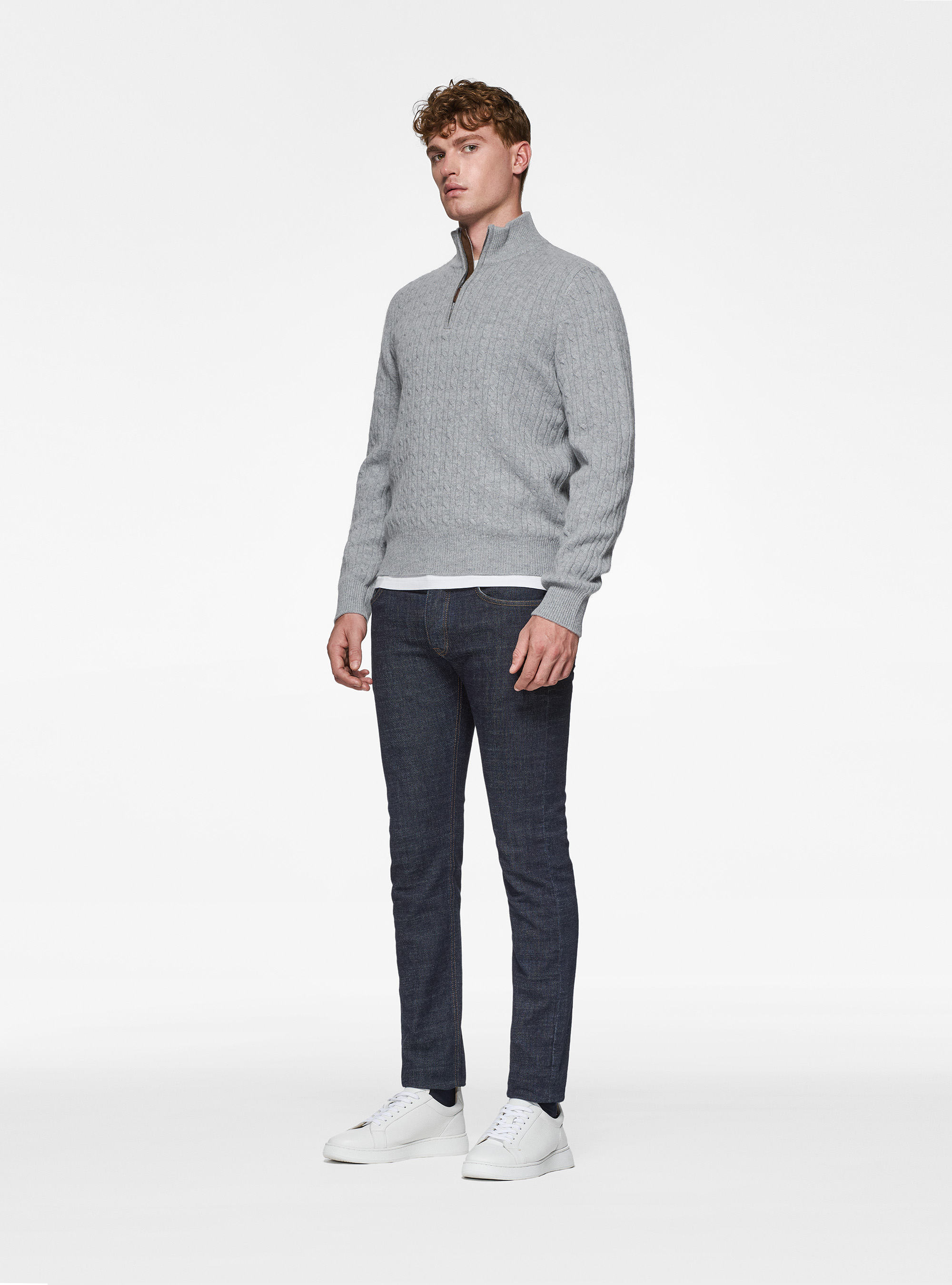 Wool and cashmere mock neck sweater with braids, GRIGIO MELANGE 0151C