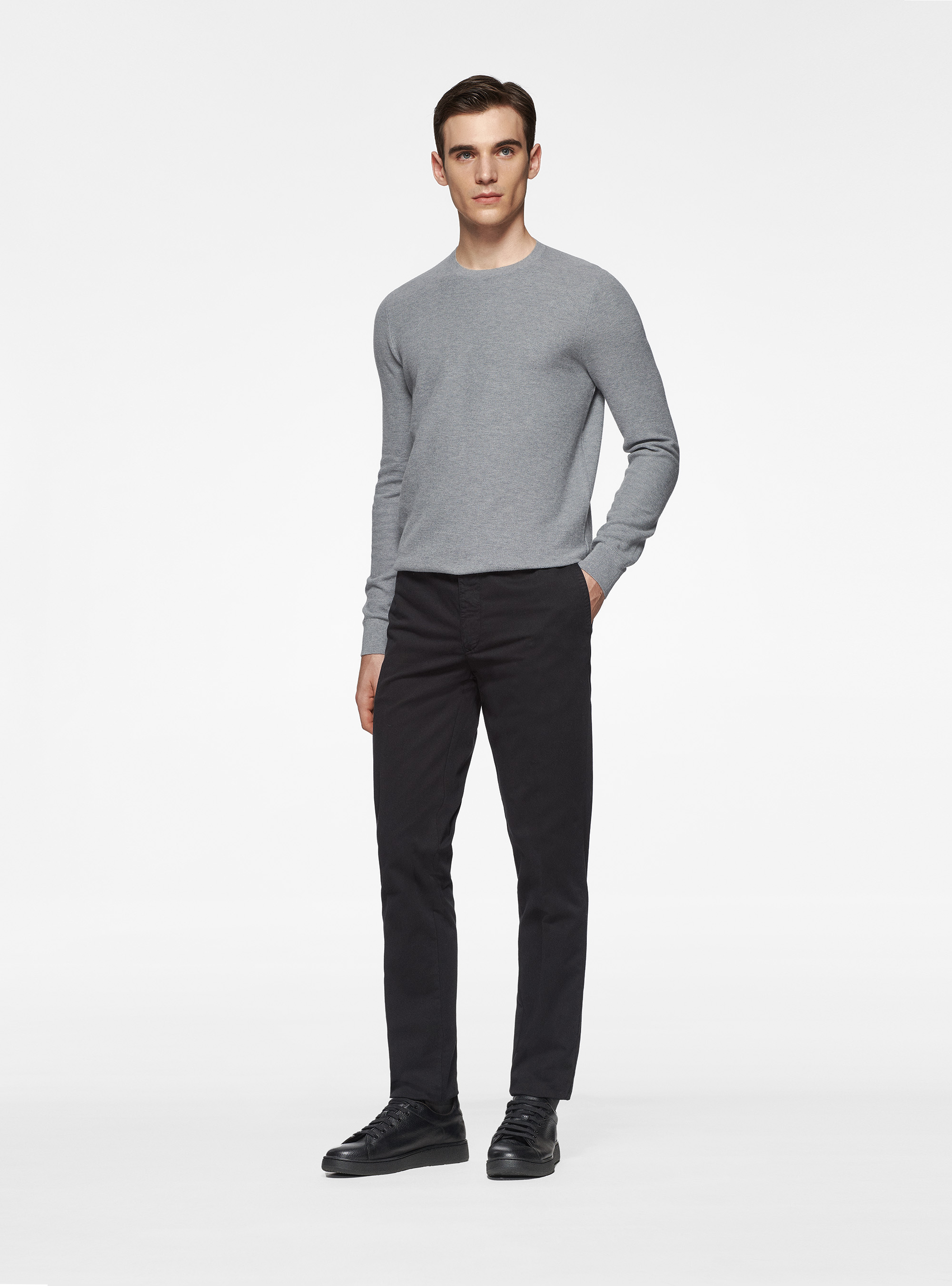 Maglia girocollo nido d'ape in cotone cashmere, GRIGIO MELANGE 0151C