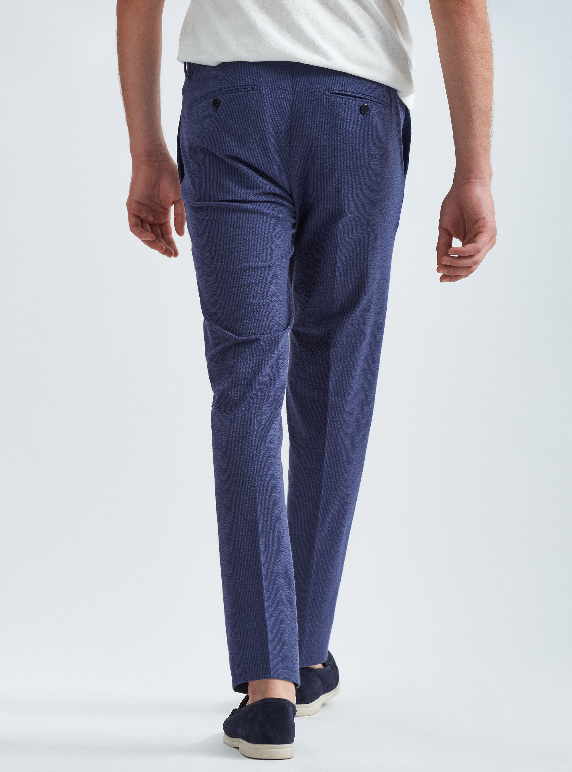 Pantalon en coton seersucker stretch, 0243C DENIM