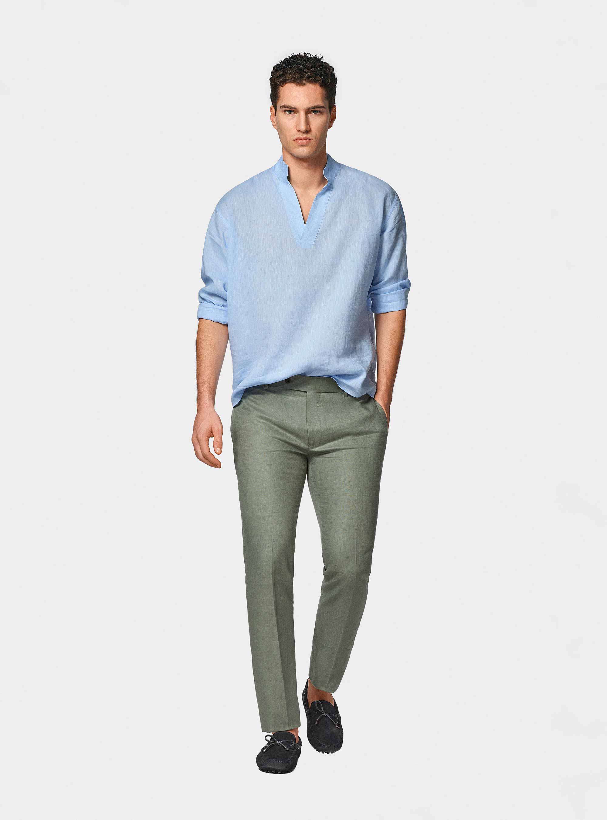 Camisa coreana de lino puro, CELESTE