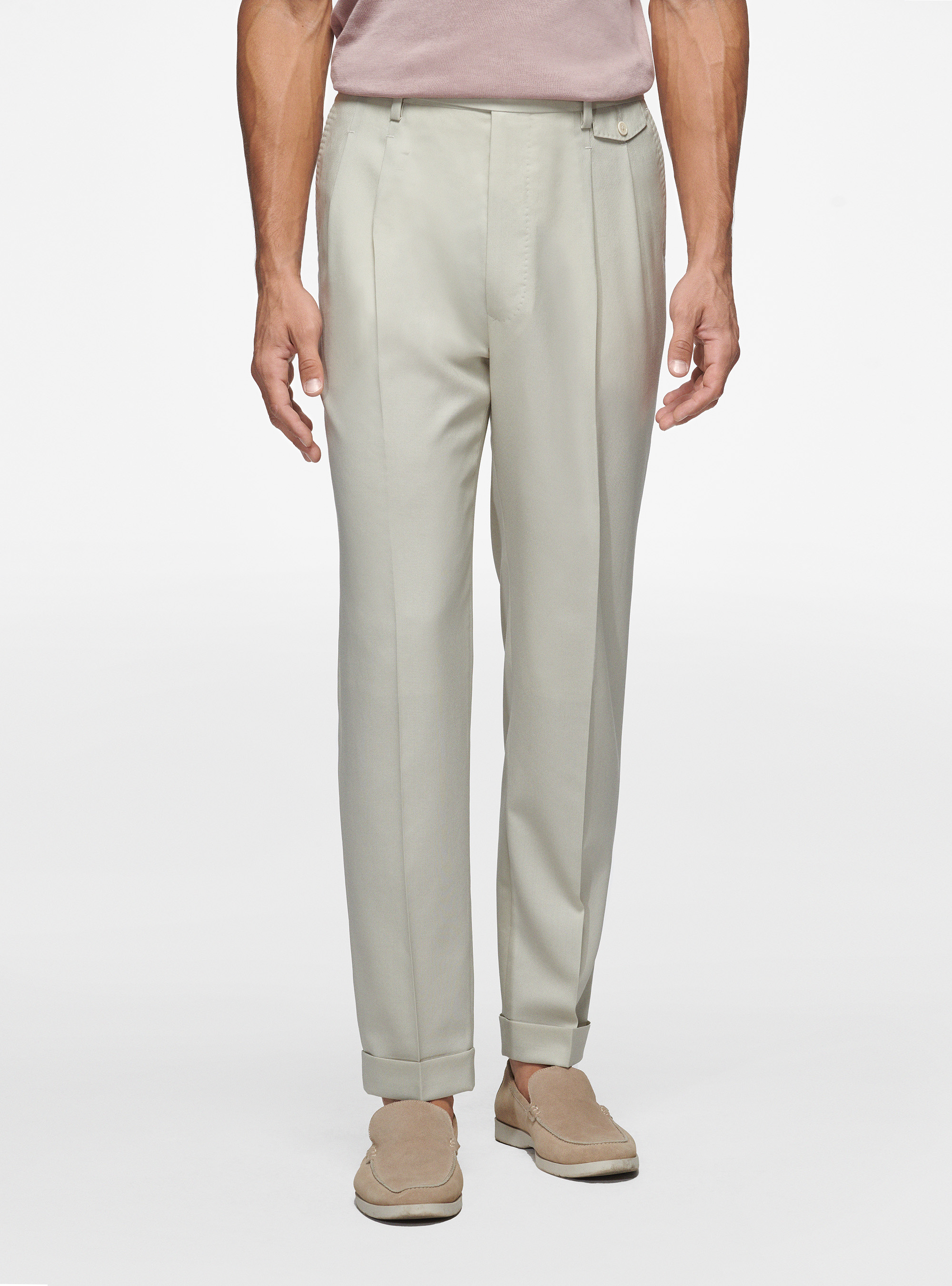 Pantalon à pinces en pure laine, CRÃ ME