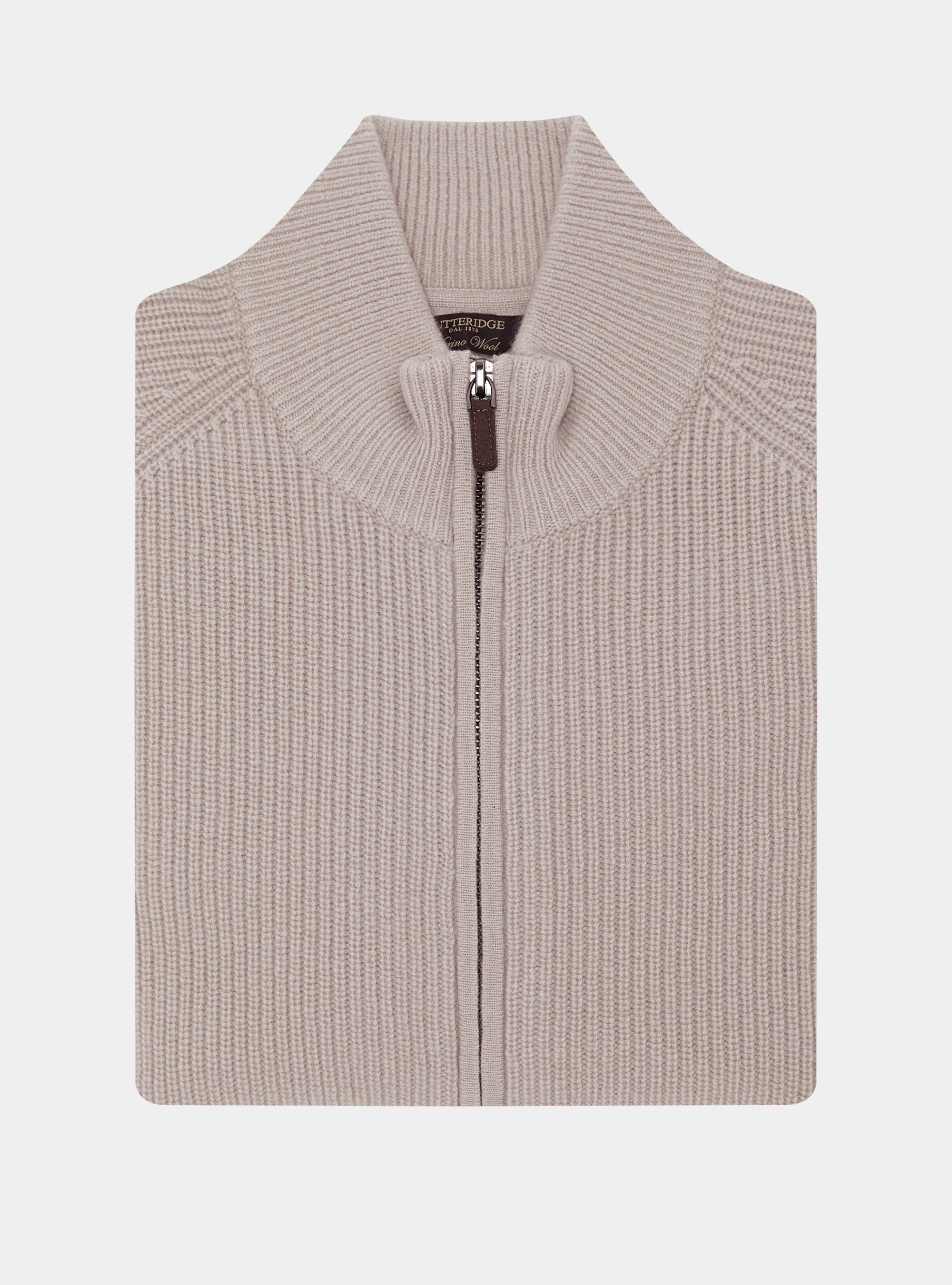 Cardigan con zip in maglia raglan in lana merino, SABBIA