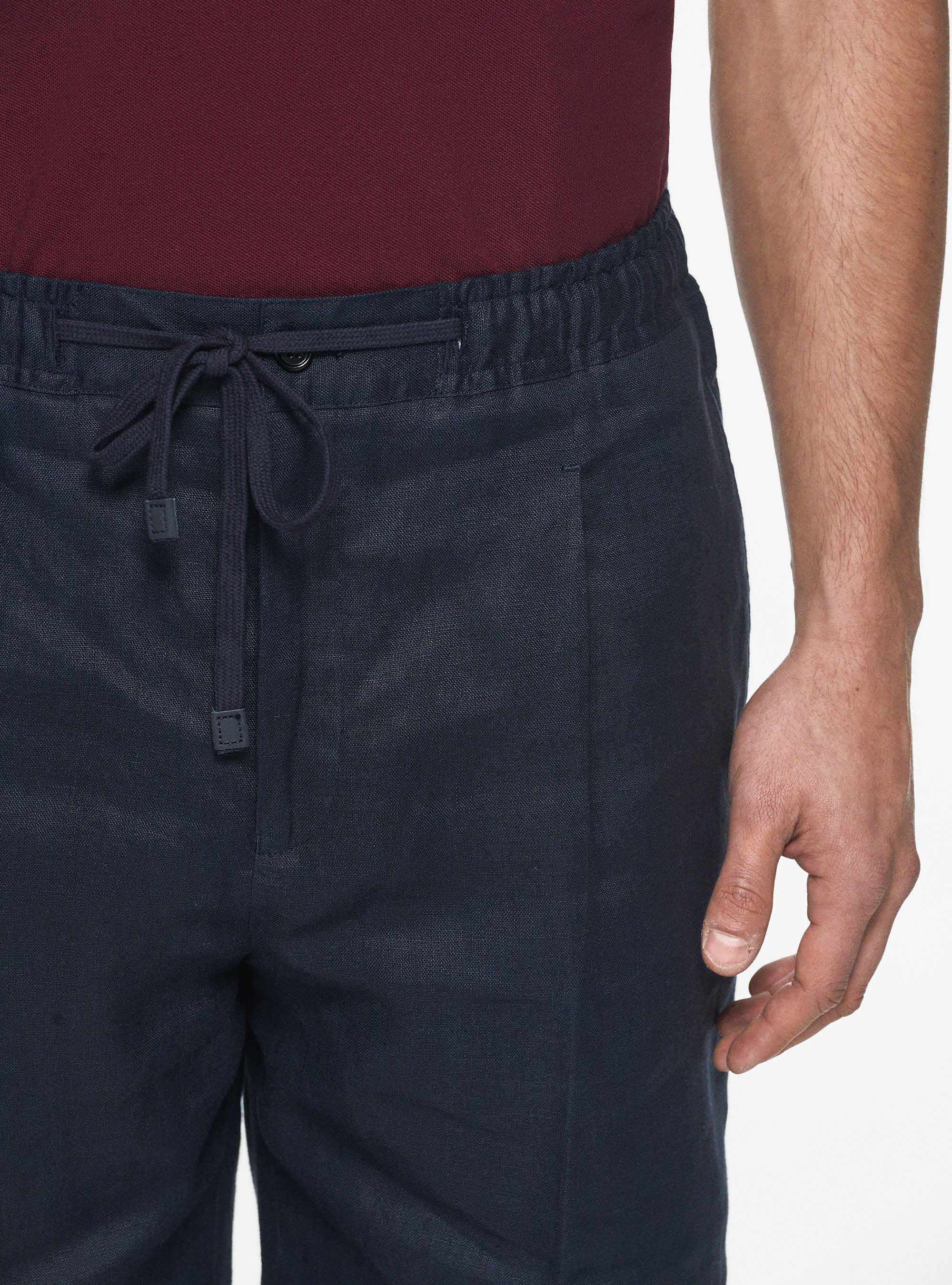 Bermudas de lino con el&aacute;stico y cord&oacute;n, AZUL MARINO