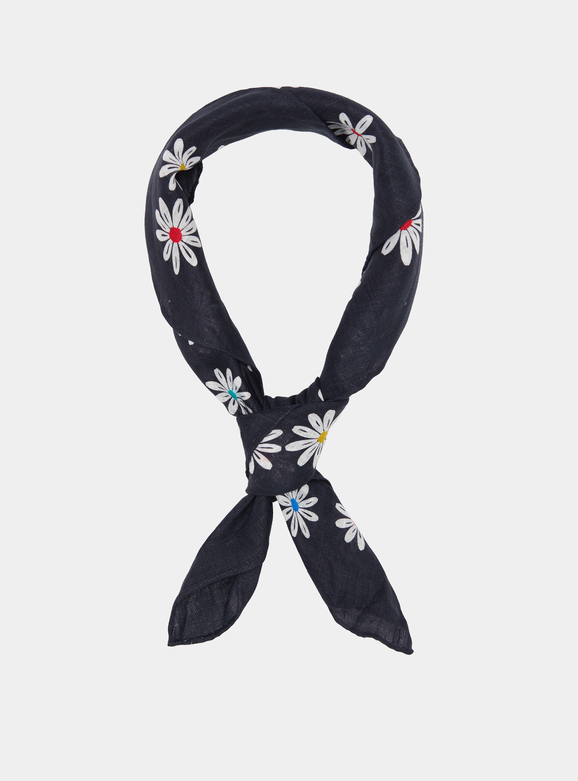 Foulard stampato con fiori in lino, NAVY BLUE
