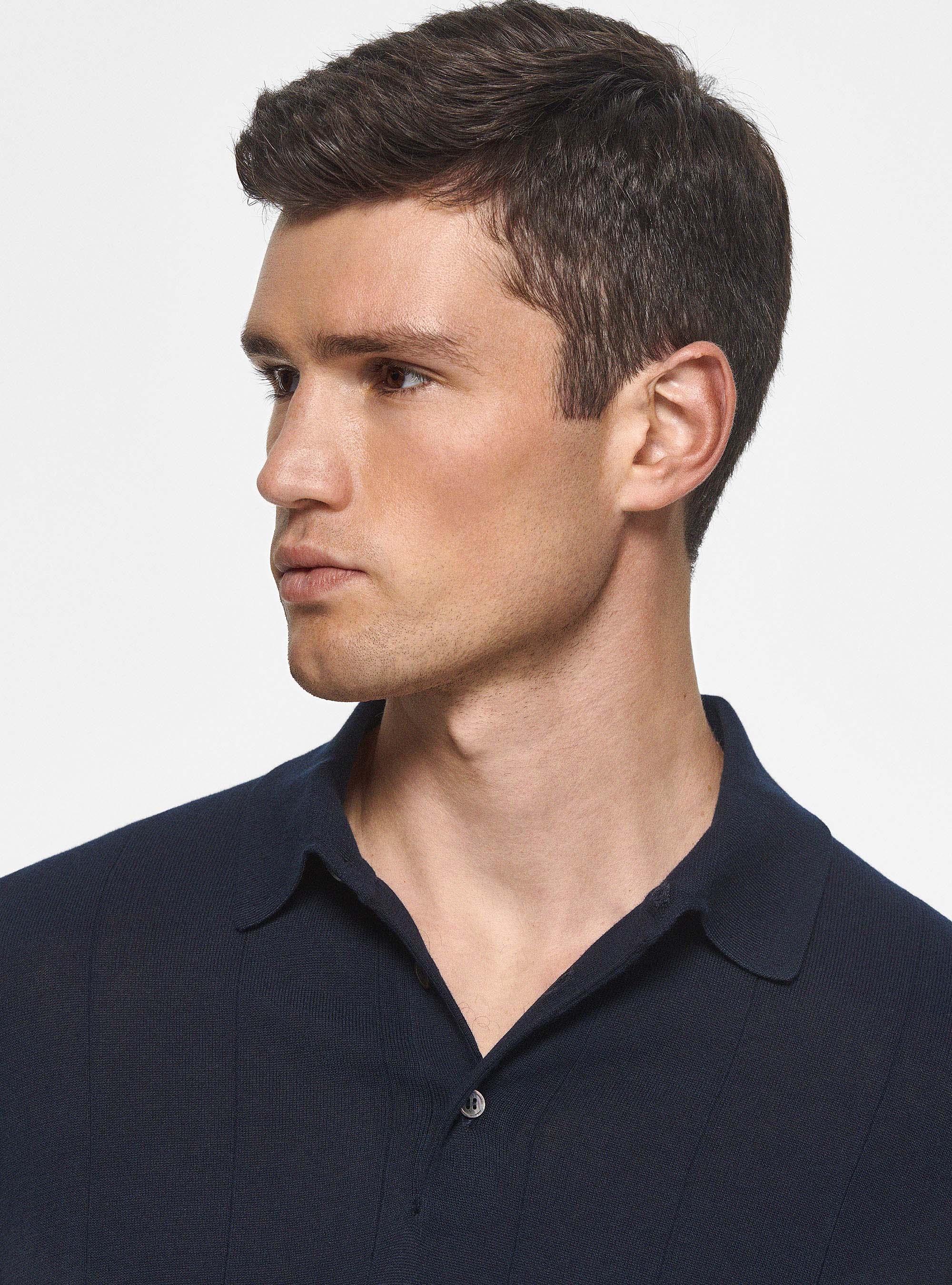 Long-sleeved knit polo shirt, NAVY BLUE