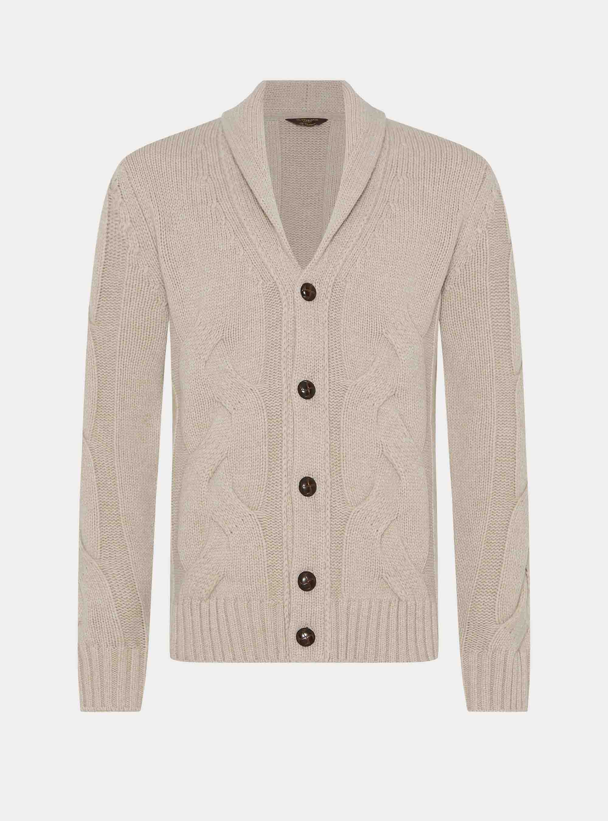 Cable-knit shawl collar lambswool-cashmere cardigan, ECRU
