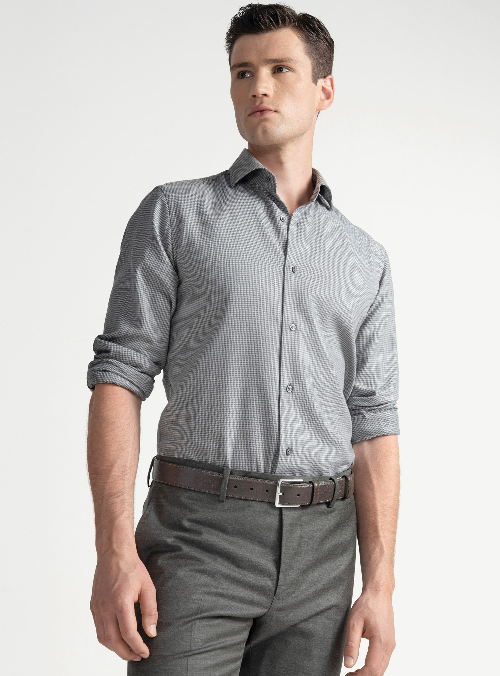 Micro-patterned cotton and wool flannel shirt, GREY