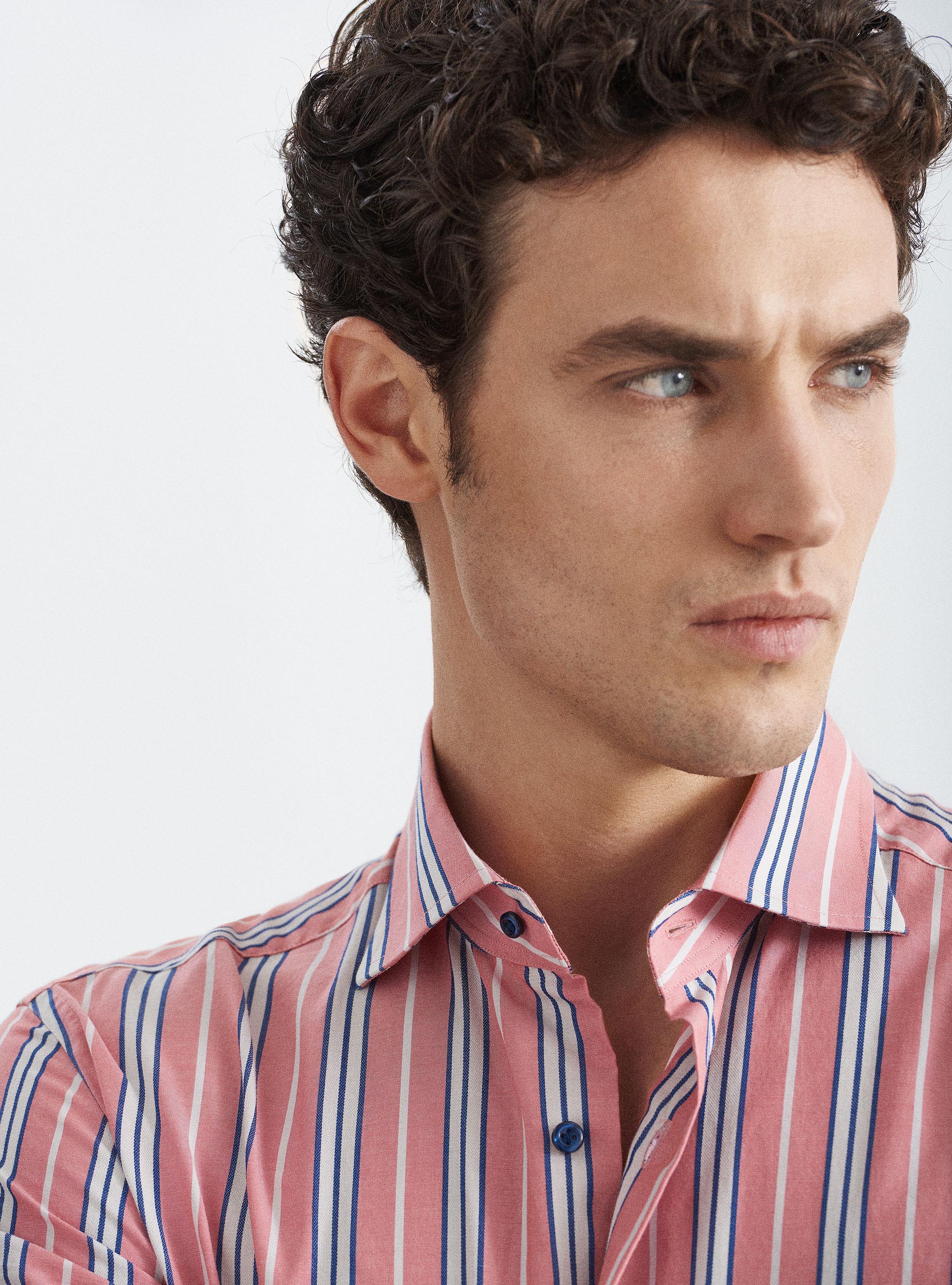 Camicia collo francese in puro cotone a righe, ROSSO
