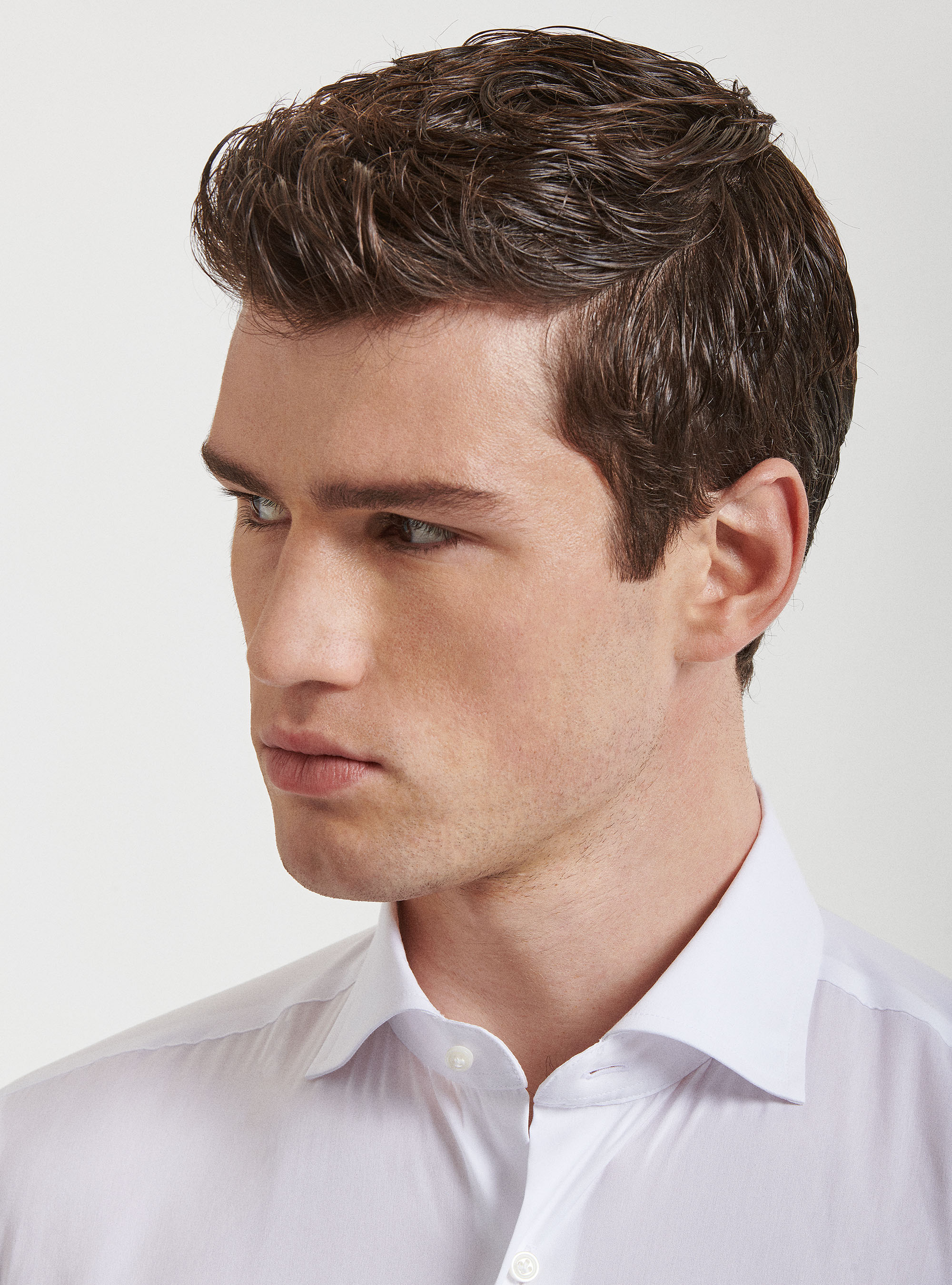 Camicia collo semi francese in popeline stretch, BIANCO