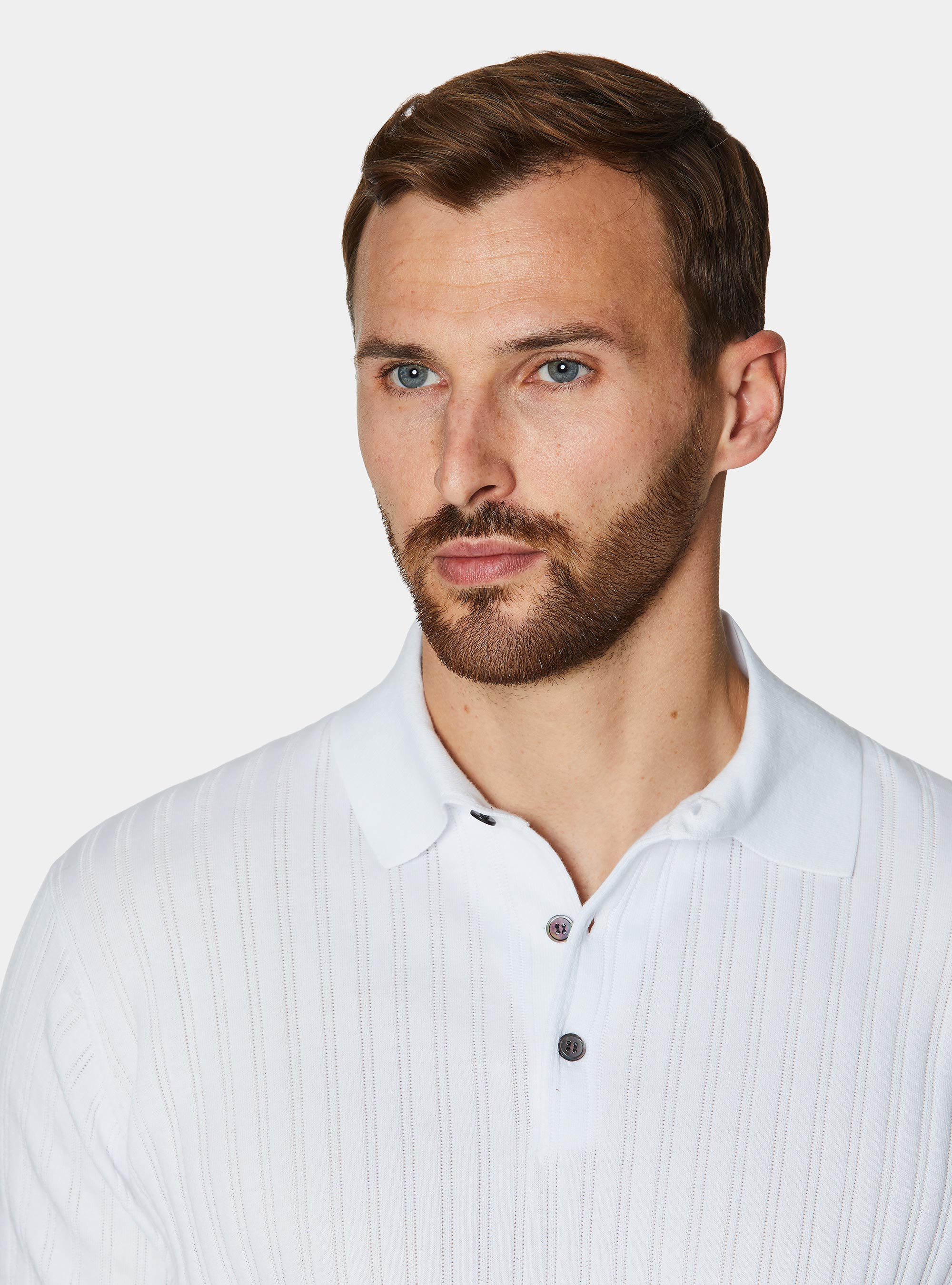 Extra-fine cotton knit polo shirt with openwork ribbing, WHITE