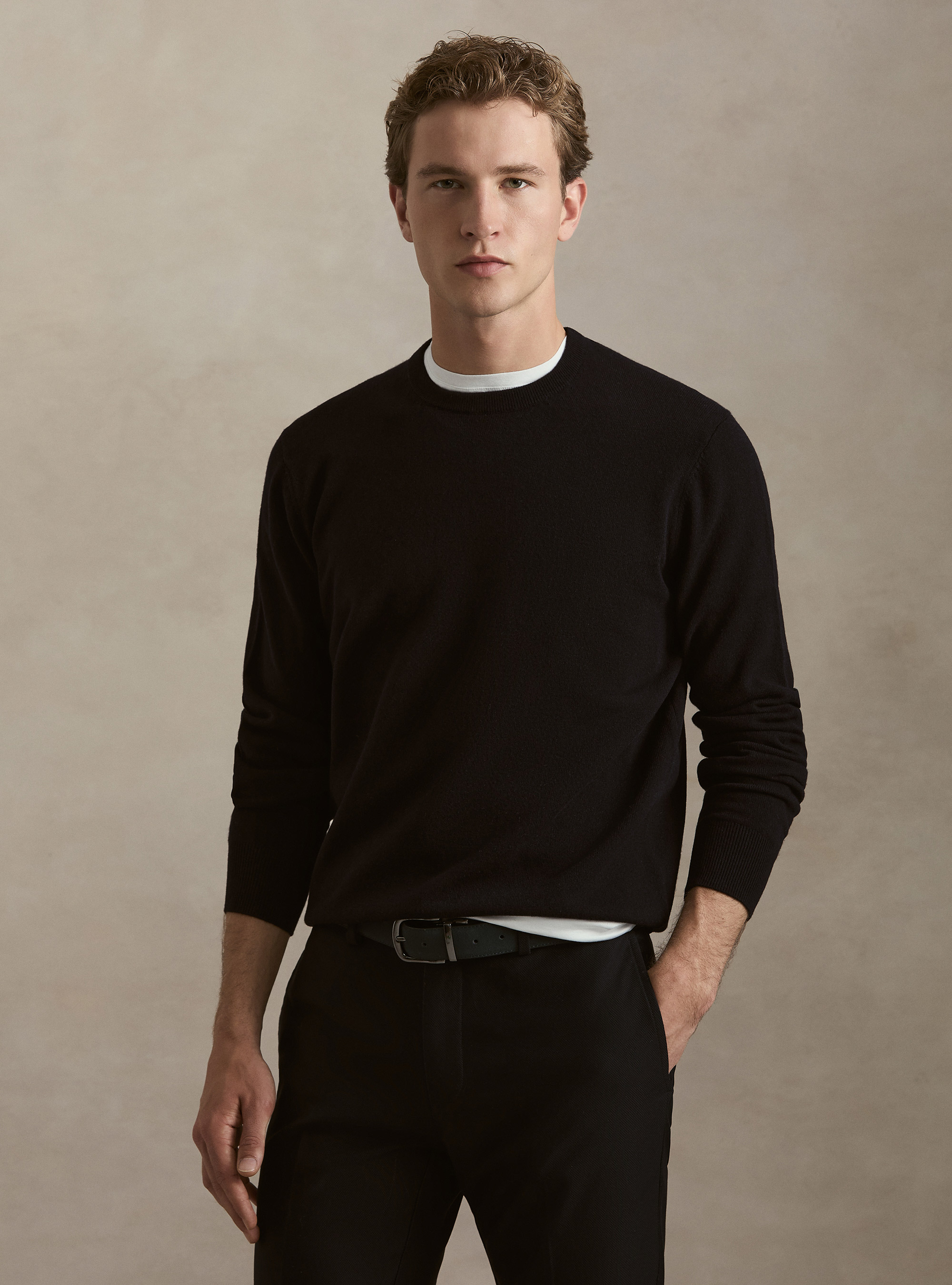 Lambswool and cashmere crewneck sweater, NAVY BLUE