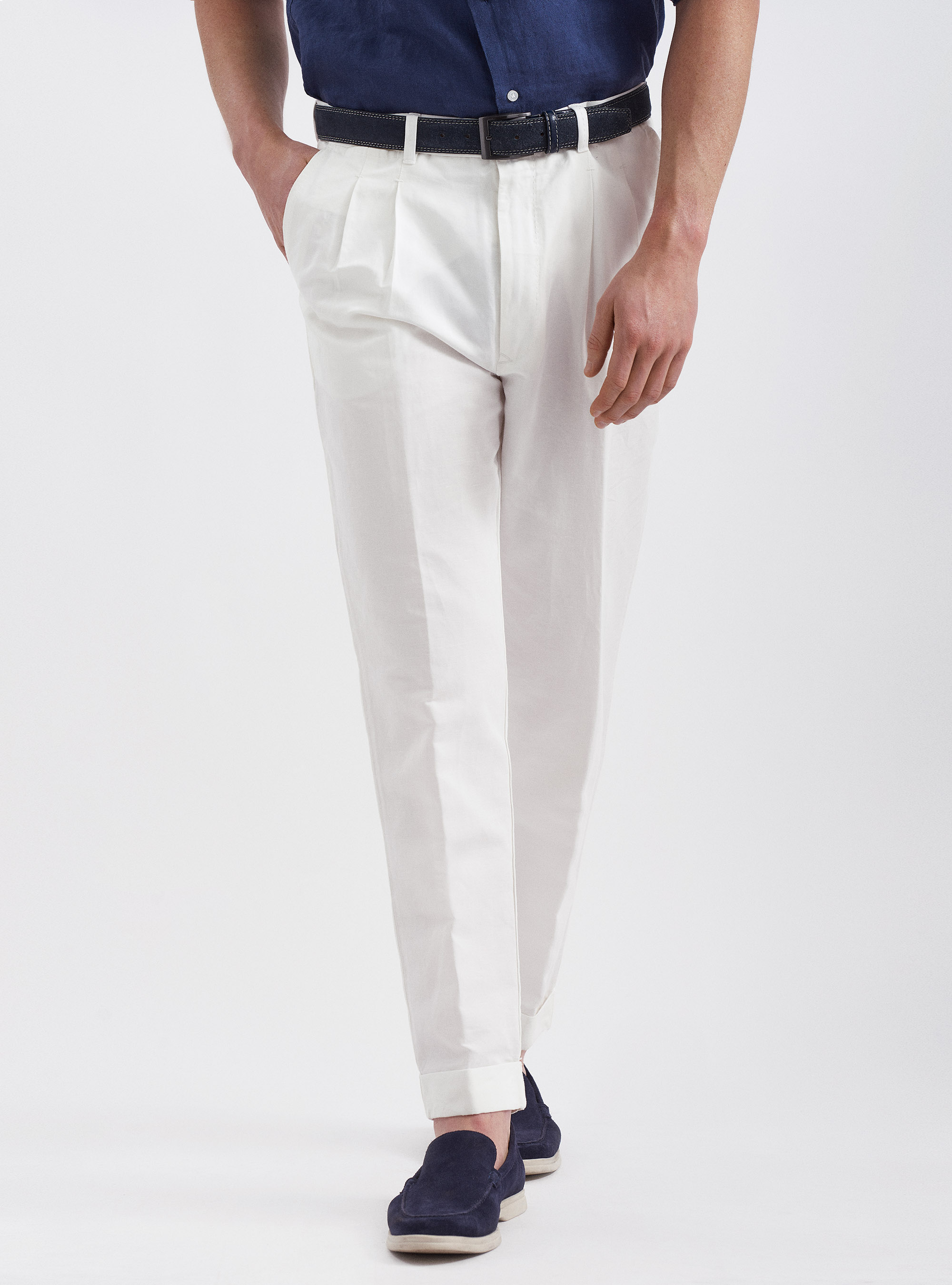 Linen and cotton pleated trousers, WHITE