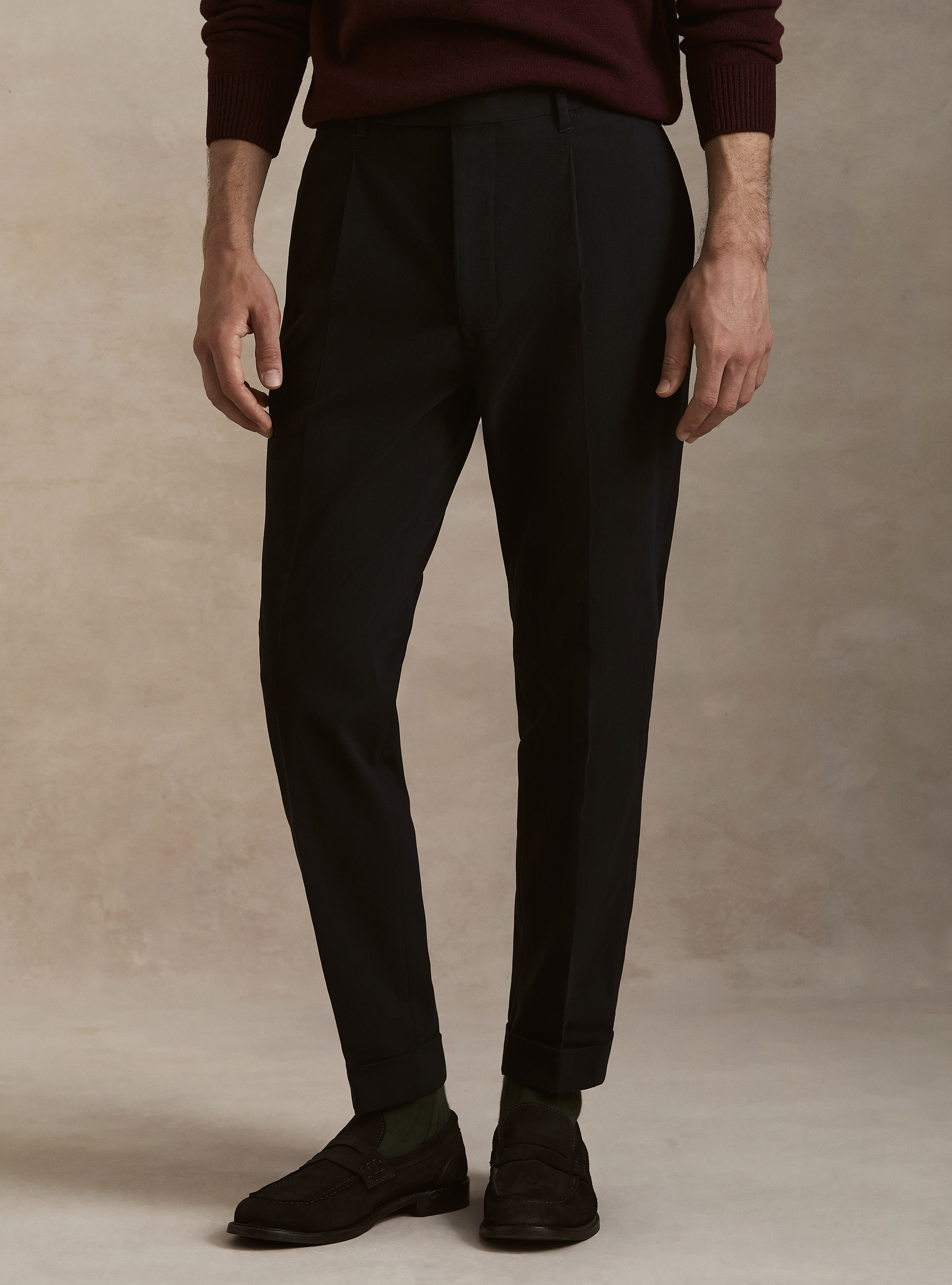 Pantaloni con pince in twill cotone e cashmere, BLU NAVY