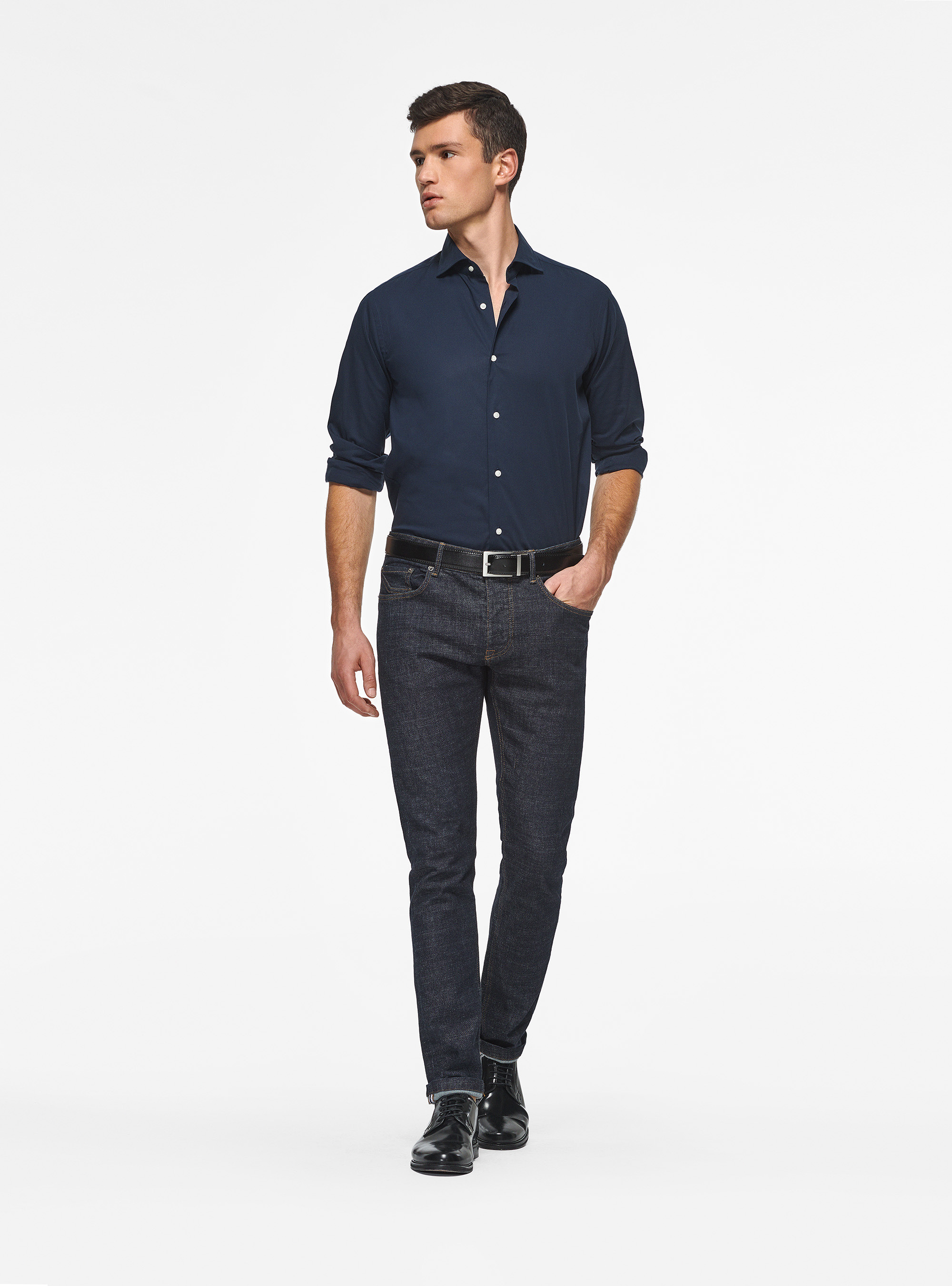 Camicia in popeline stretch, BLU NAVY