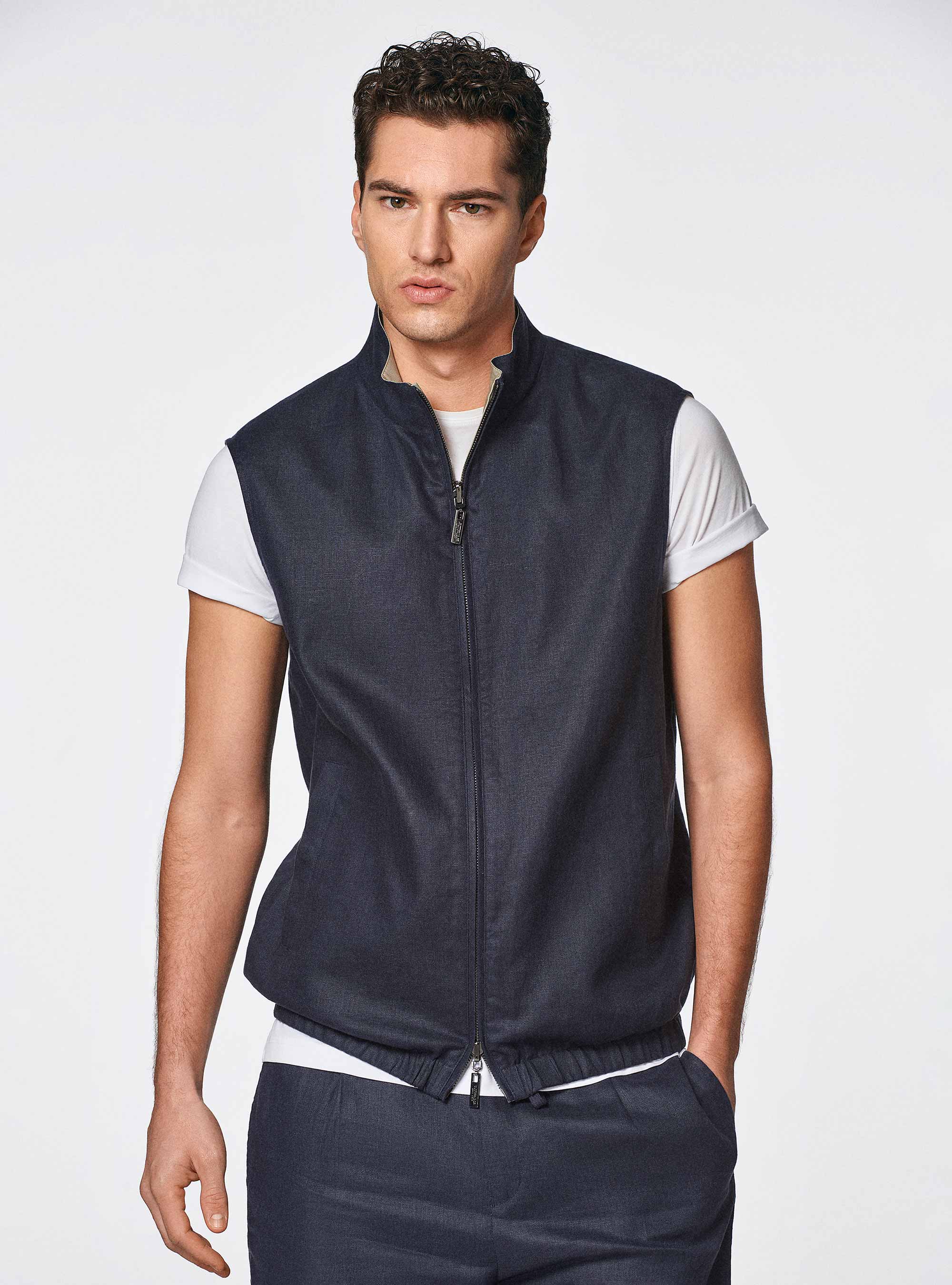 Reversible sleeveless in pure linen, NAVY BLUE