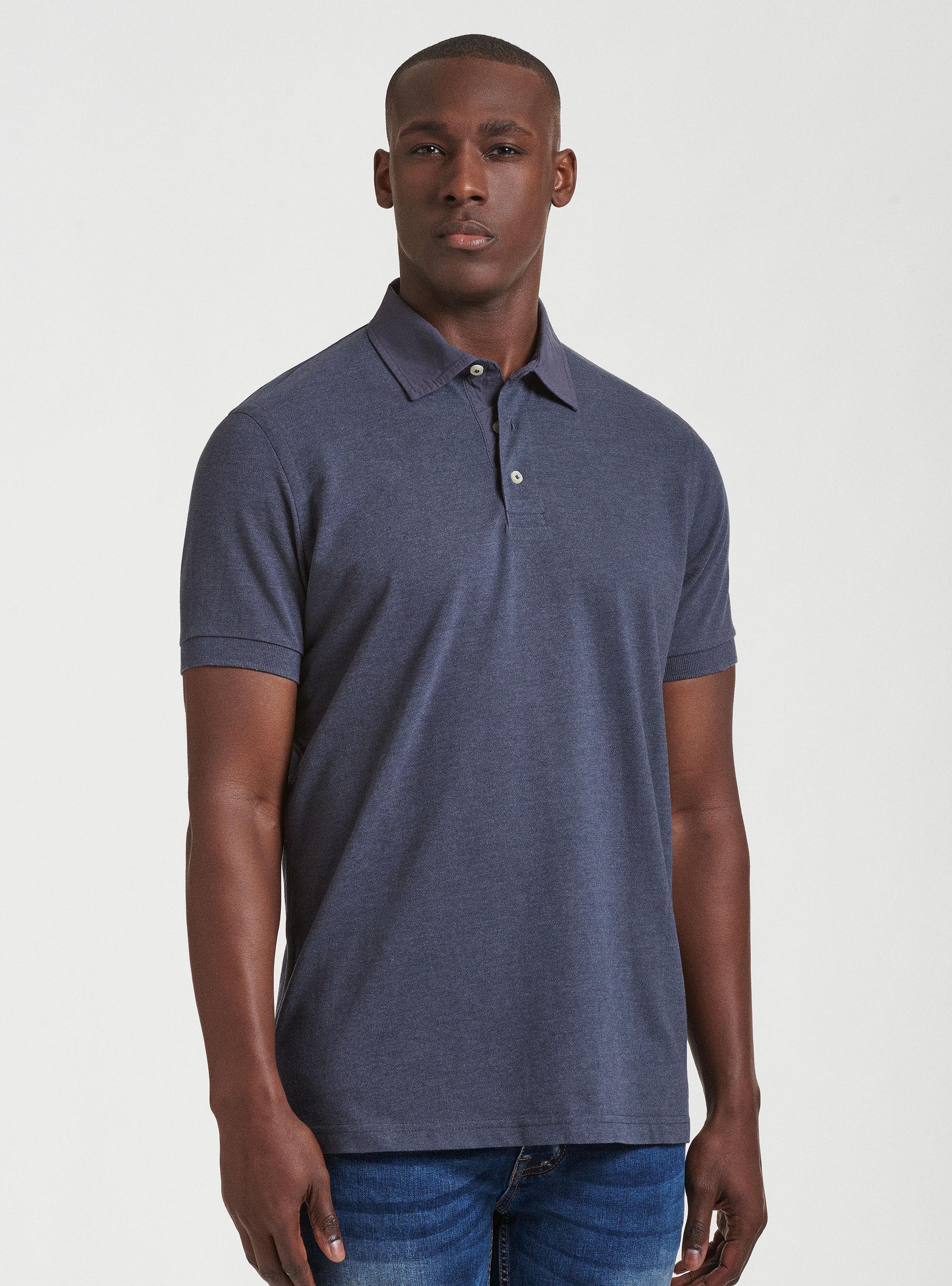 Polo in piquet con collo camicia, INCHIOSTRO