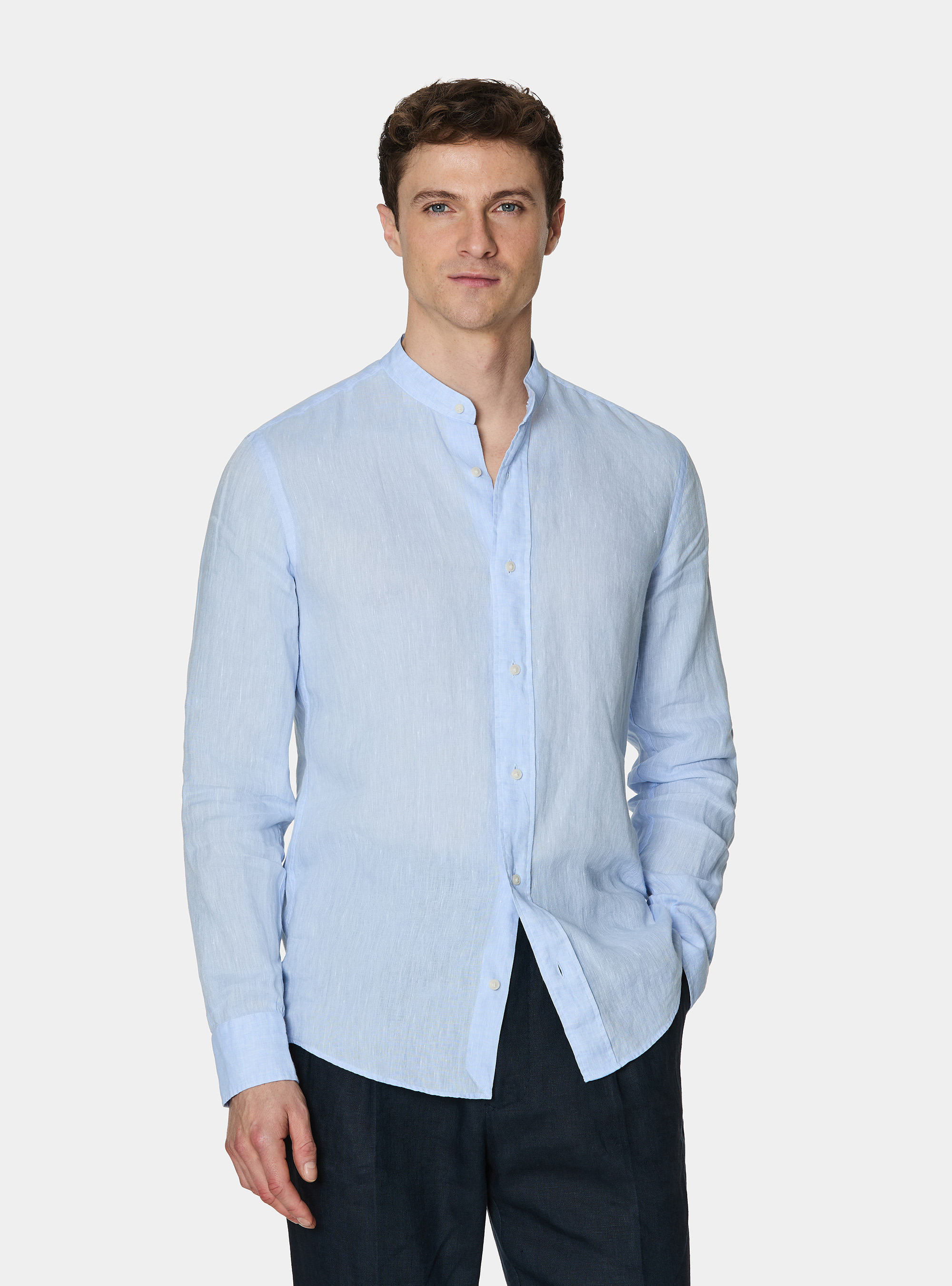 Camicia coreana in puro lino, AZZURRO