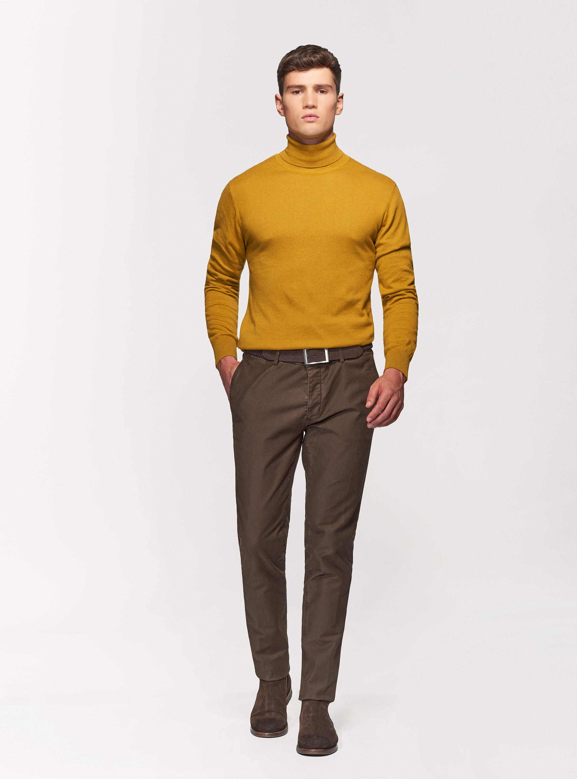 Pantaloni slack in cotone tinto capo, MARRONE