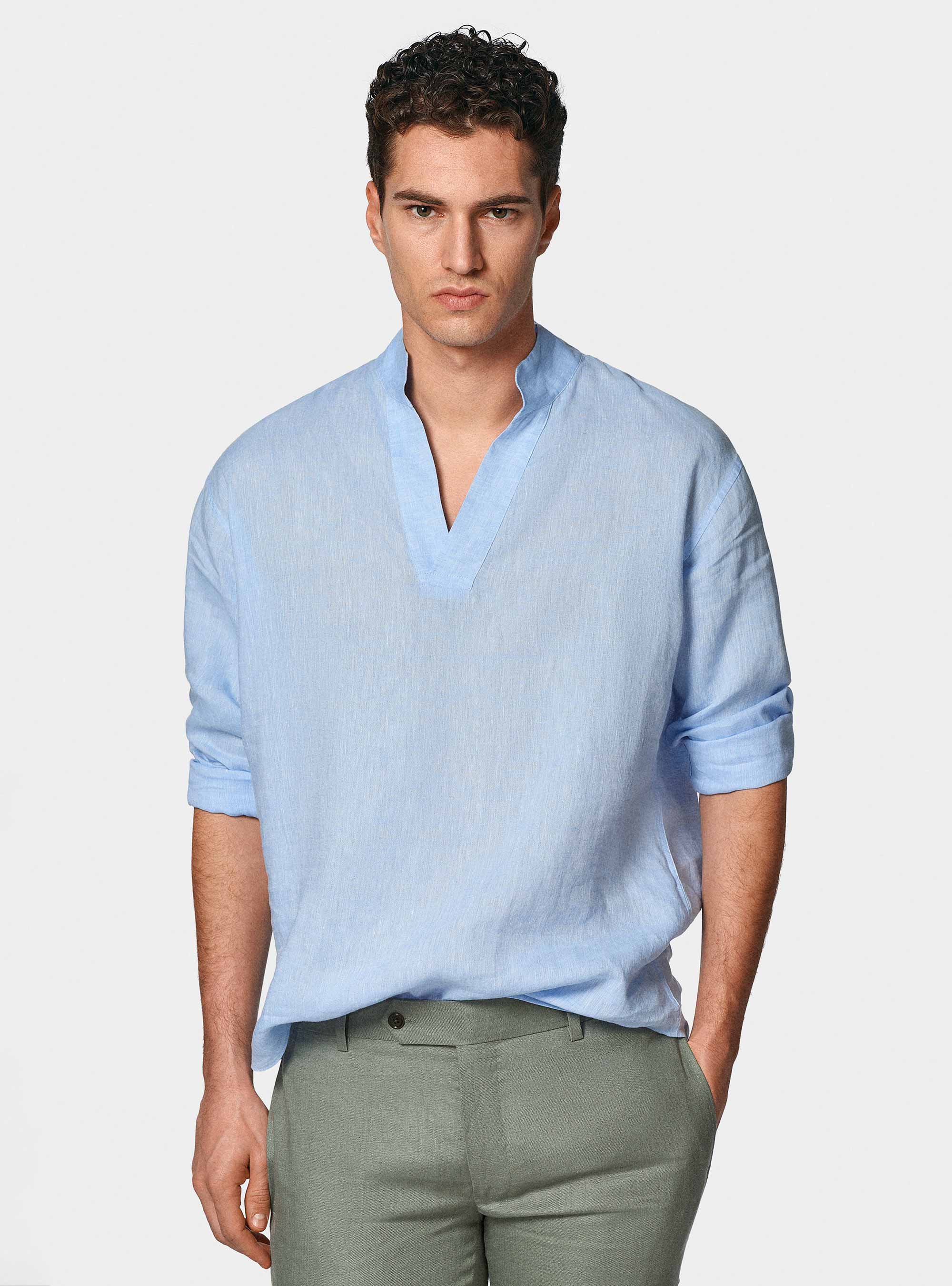 Camisa coreana de lino puro, CELESTE