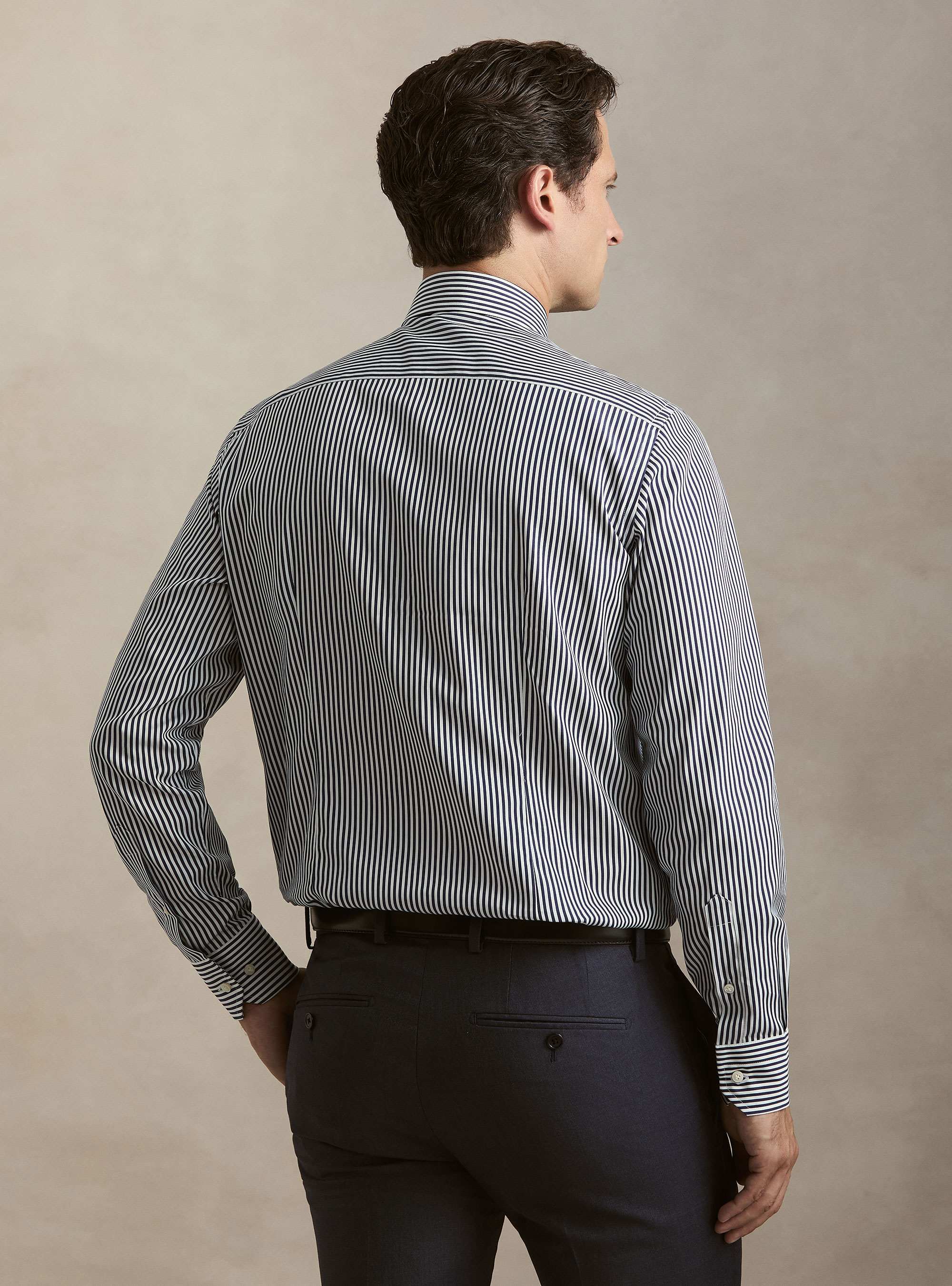 Camicia rigata cotone popeline collo semifrancese, AZUL MARINO
