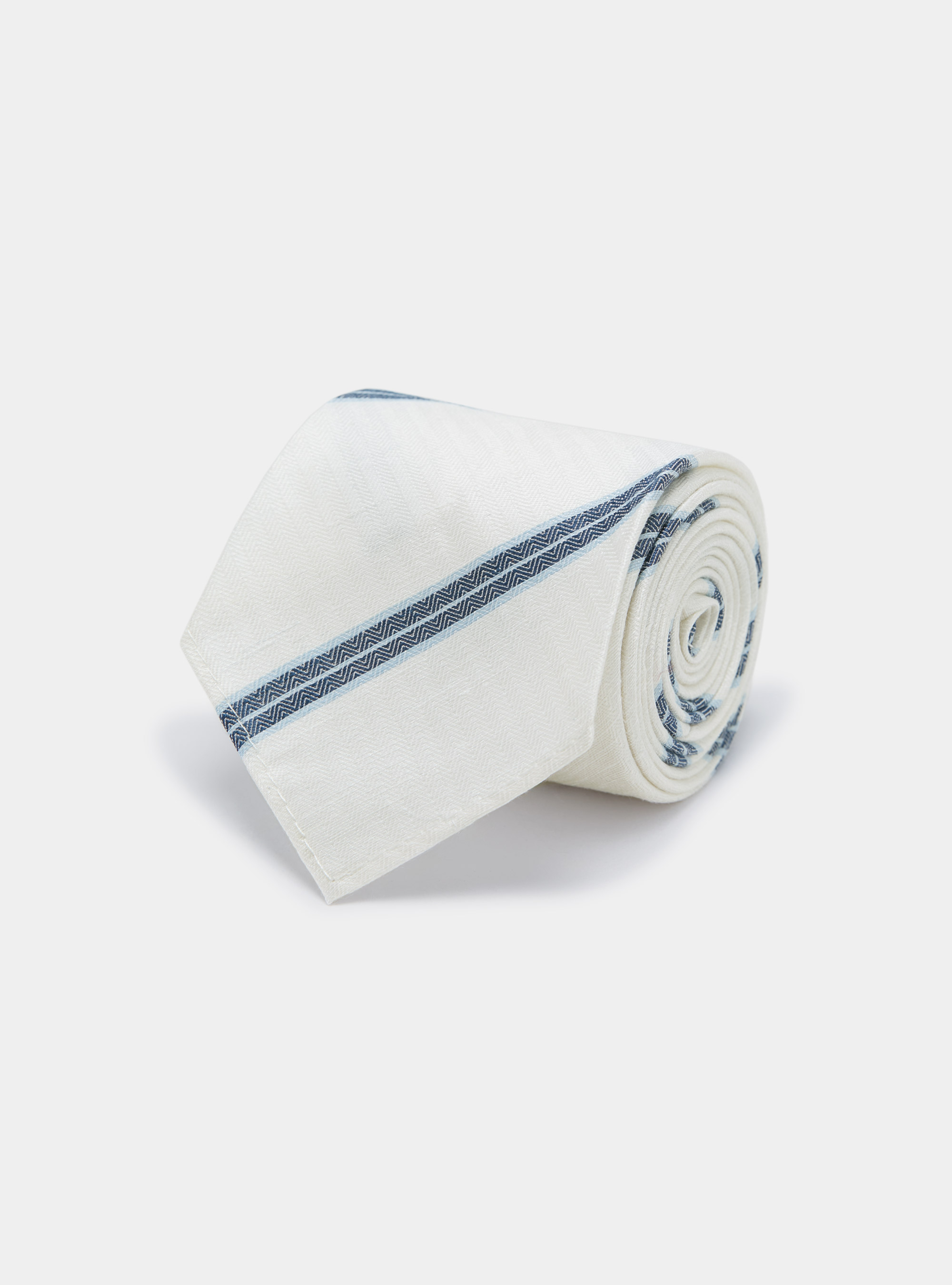 Cravate rayée en soie et lin à chevrons, BLANC
