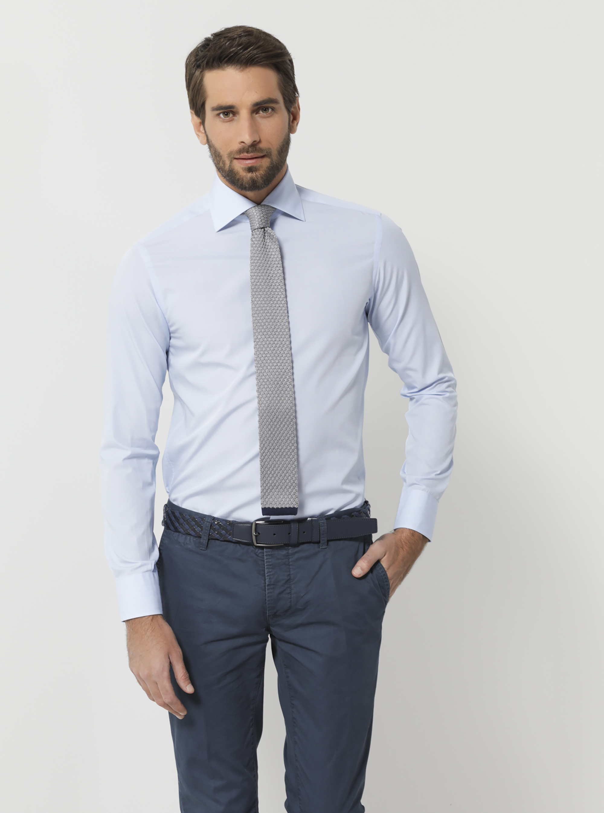 Camicia collo italiano in fil a fil di cotone, AZZURRO