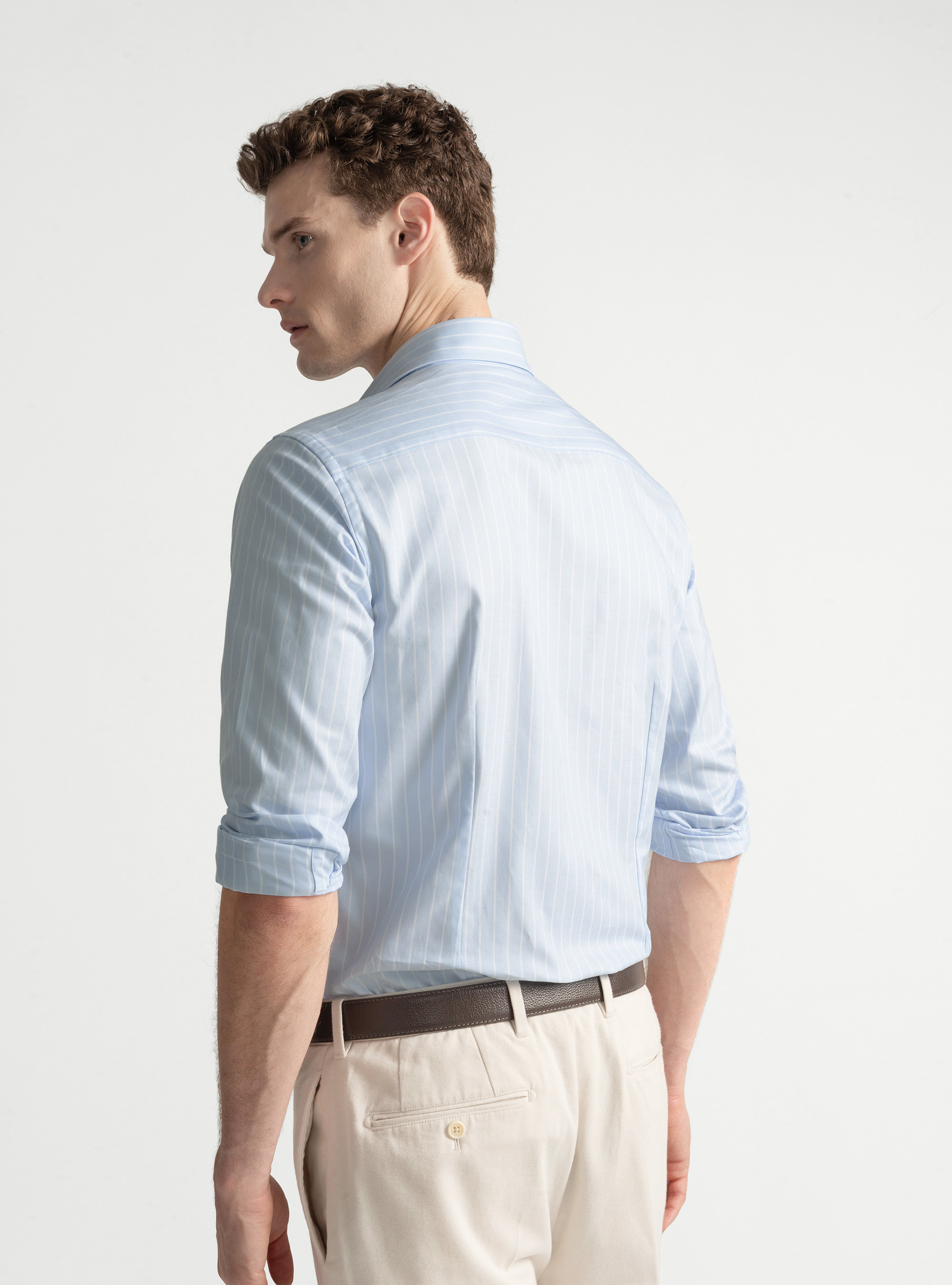 Camisa oxford de algodón a rayas, CELESTE