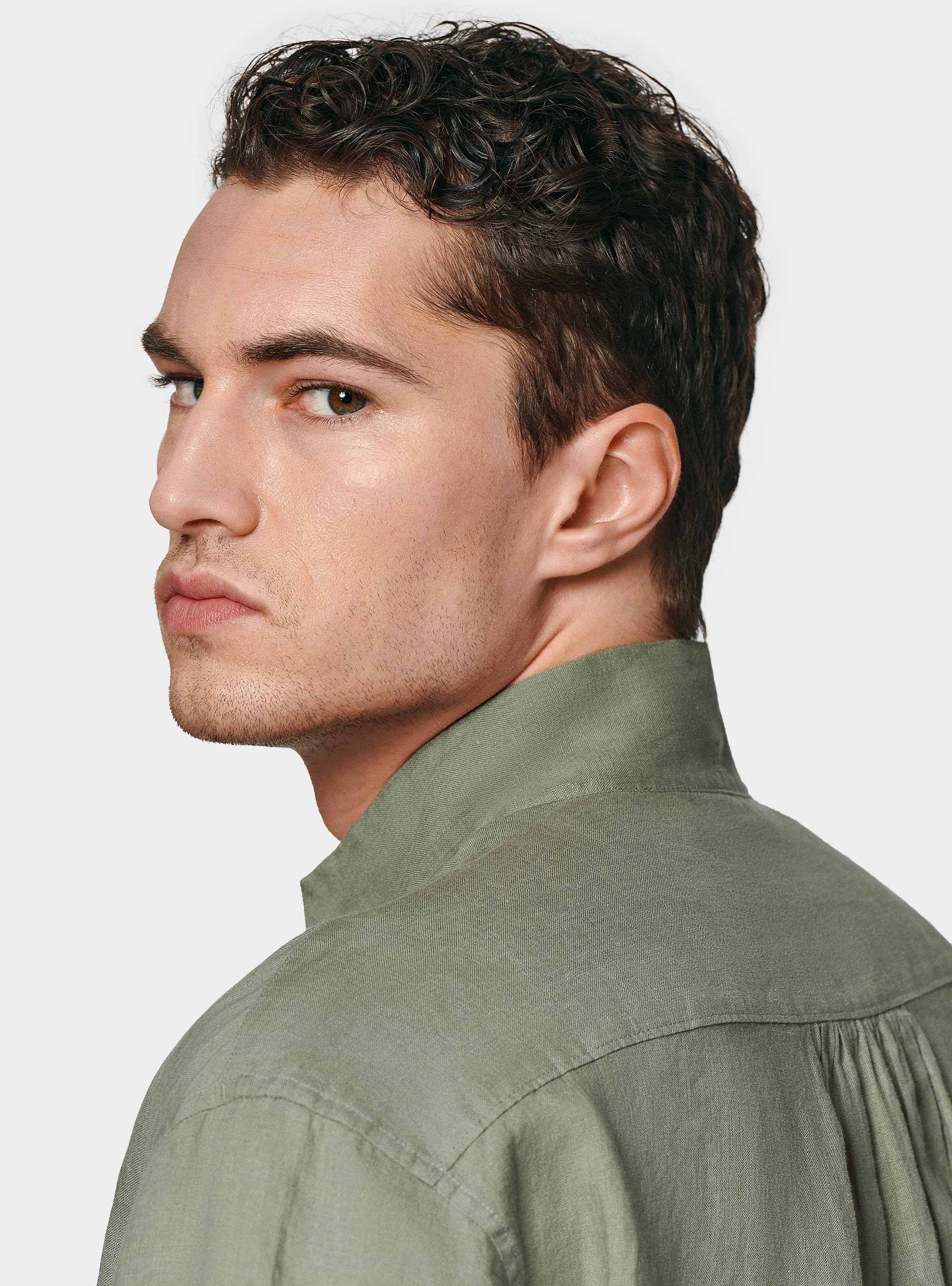 Camisa coreana de lino puro, SALVIA 0602C