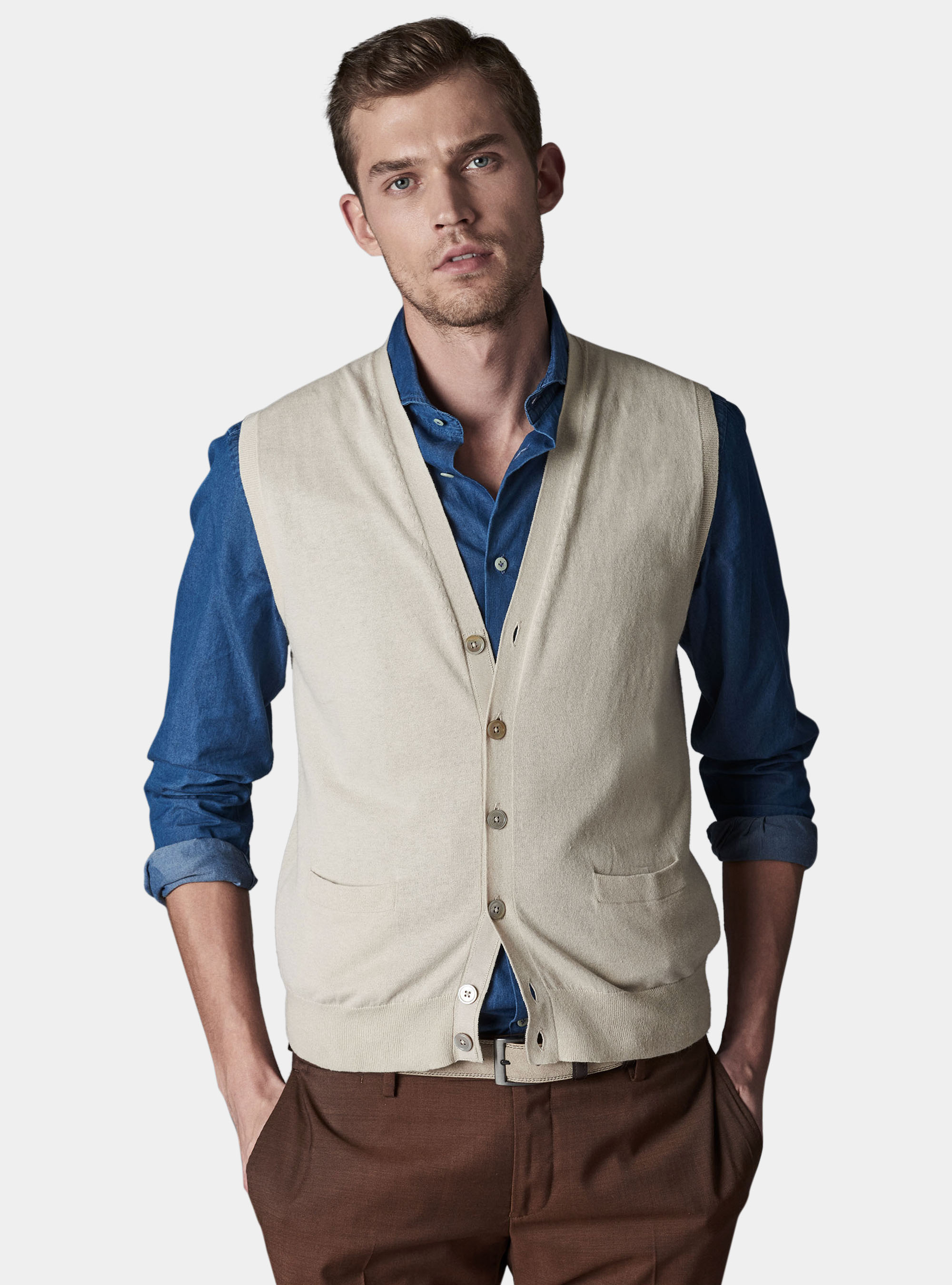 Gilet in maglia in cotone e lino, ECRU